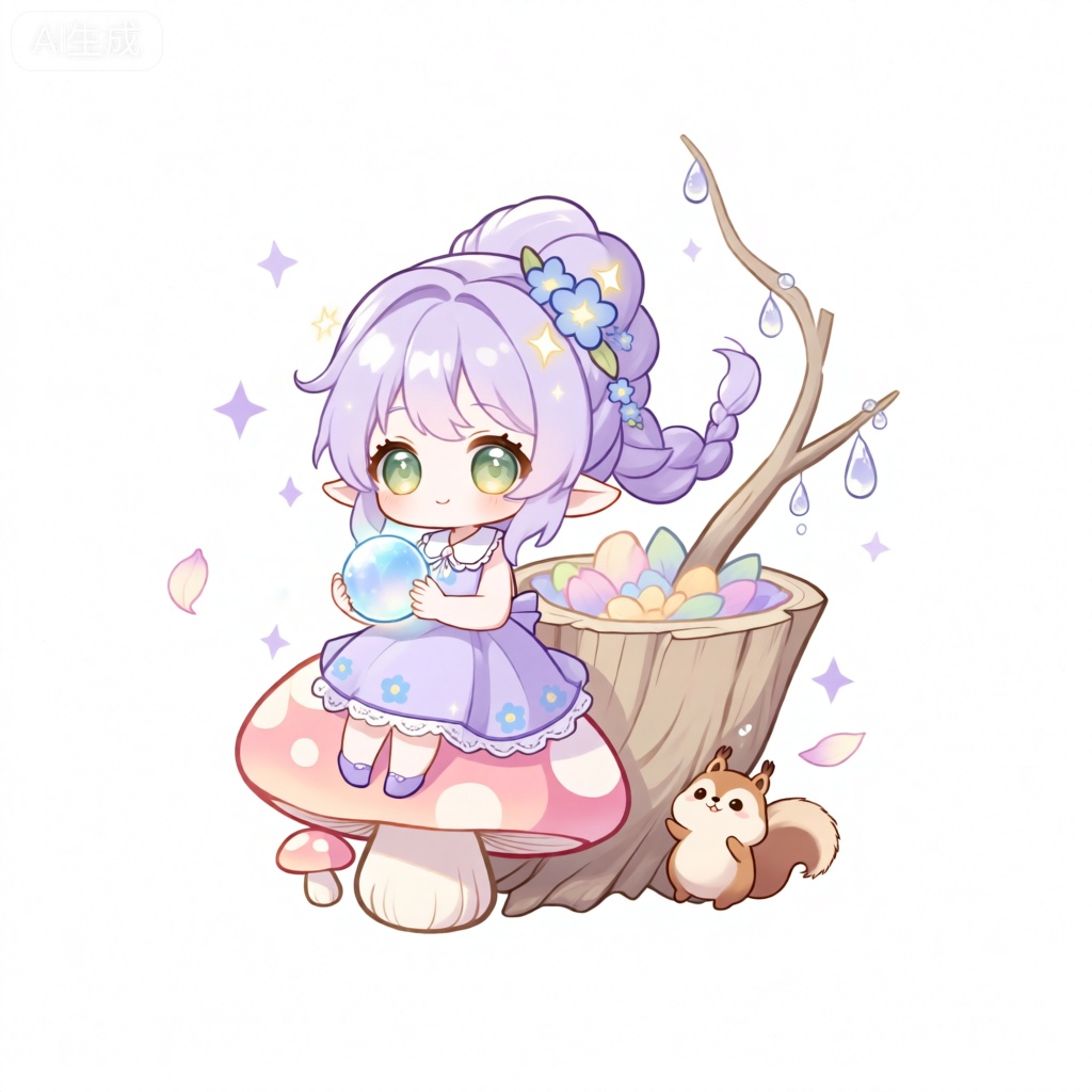 KTXR,
该图像描绘了一个梦幻森林风格的小女精灵角色,淡紫色的头发编成一条松散的大辫子,辫子上缠绕着星星形状的蓝色小花和闪烁的萤火虫装饰。她有一双如湖水般清澈的绿色大眼睛,眼眸中带着淡淡的金色光晕,身着一件带有蓝色小花图案、领口镶着白色蕾丝边的淡紫色连衣裙。她正俏皮地坐在一朵巨大的粉色蘑菇上,手里捧着一个散发着柔和光芒的蓝色水晶球。她的身后是一个巨大的树桩形状的容器,里面装满了五彩斑斓的花瓣,一根细长的树枝从树桩中伸出,上面挂着几颗晶莹剔透的露珠。周围漂浮着几片轻盈的花瓣,一只毛茸茸、有着圆滚滚身体和短小四肢,像小松鼠一样的小生物从树桩后面好奇地探出头来。背景是纯净的白色,淡紫色的小星星和闪烁的星光随意地散布在各处,营造出可爱又充满幻想的氛围。
