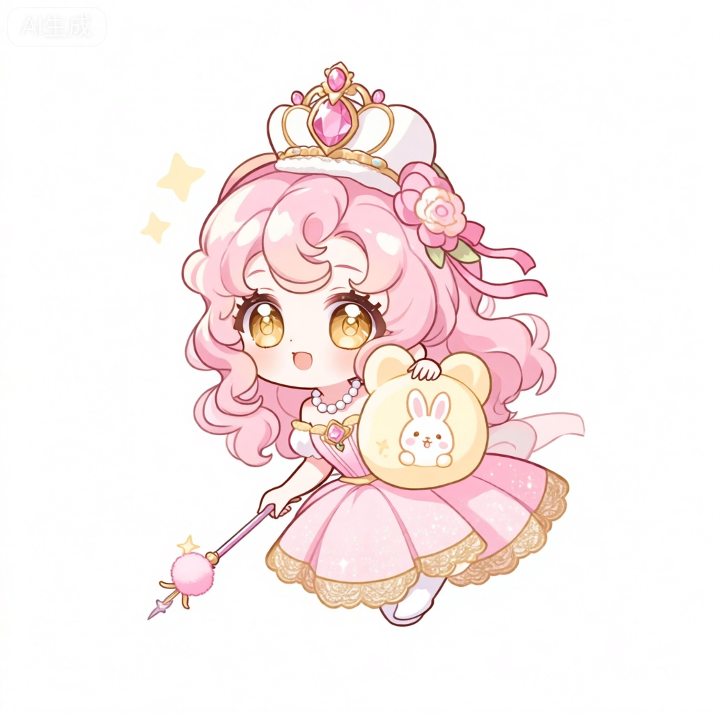 KTXR,描绘了一个童话公主风格的女角色,有着卷曲的粉色长发和闪烁着光芒的金色大眼睛。这个角色戴着一顶华丽的皇冠帽,帽子是白色的,上面镶嵌着粉色和金色的宝石,还有用粉色丝带编织成的花朵装饰。角色的服装包括带有金色蕾丝花边的粉色蓬蓬裙,裙摆上点缀着无数细小的亮片,搭配着一条白色的珍珠项链。这个角色一手拿着一根顶端有粉色绒球的魔法权杖,另一只手抱着一个淡黄色圆形的小抱枕,抱枕上绣着可爱的兔子图案。角色呈半蹲姿势,一只手拿着权杖撑地,另一只手抱着抱枕,角色头部附近有淡黄色的小星星闪烁。整体风格甜美又梦幻。


