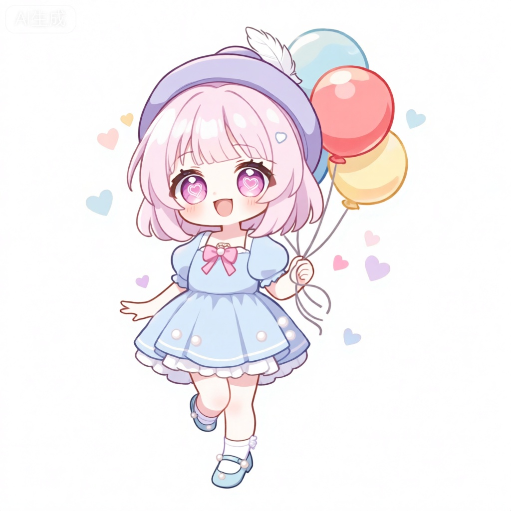 KTXR,该图像描绘了一个动漫风格的角色,有着淡粉色的齐肩短发和粉紫色的大眼睛,瞳孔中有旋转的爱心图案。该角色戴着一顶淡紫色贝雷帽,帽子上别着一支白色羽毛。角色微微仰头,张开嘴露出灿烂笑容。她穿着一件淡蓝色的泡泡袖连衣裙,裙摆是层层叠叠的蛋糕裙样式,上面点缀着白色的小珍珠。这件衣服设计简约,领口处有一个粉色蝴蝶结。该角色还穿着白色短袜和淡蓝色玛丽珍鞋,鞋面上有小珍珠装饰。她手里拿着一束五颜六色的气球,气球有红色、黄色、蓝色等。背景是纯白色的,人物周围散布着彩色的小爱心形闪光,颜色有粉色、浅紫、浅蓝等。整体风格可爱甜美,夸张的大眼睛和小身材,强调角色天真烂漫的样子。

