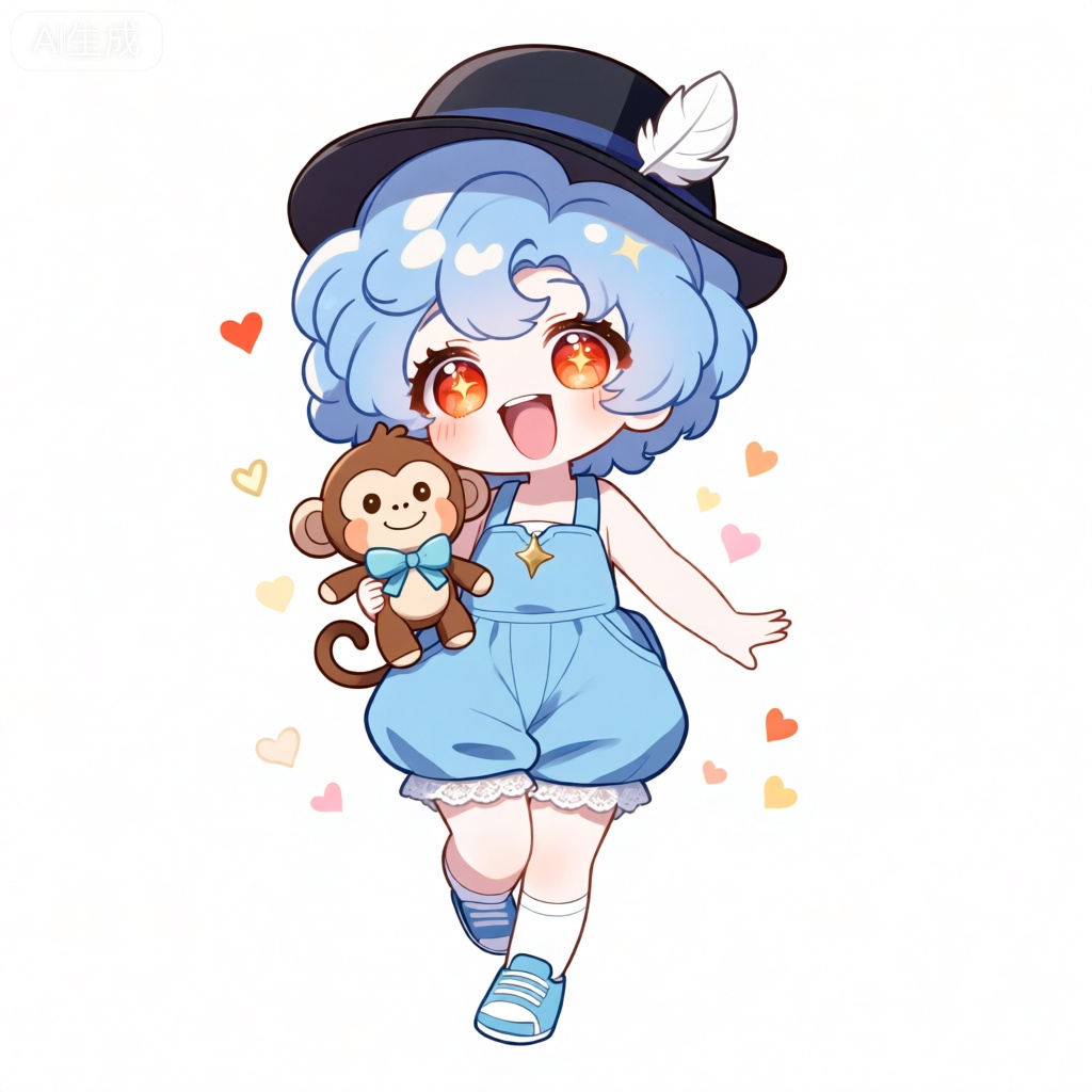 KTXR,此图像描绘了一个动漫风格的角色,有着宝蓝色的蓬松卷发,好似一朵盛开在夜空中的蓝色云朵。她有着一双橙红色的明亮大眼睛,瞳孔中闪烁着金色的星星光芒,仿佛能照亮整个世界。角色戴着一顶黑色的宽边礼帽,左侧装饰着一支洁白的羽毛。她张大嘴巴,露出开心至极的表情,粉红色的小舌头欢快地伸着。她穿着一件天蓝色的连体裤,裤腿是宽松的灯笼裤样式,裤脚处有白色的蕾丝花边。衣服设计简洁,在胸前有一个小小的金色星星装饰。该角色还穿着白色的中筒袜和天蓝色的运动鞋,鞋面上有白色的条纹。她手里拿着一只棕色的小猴子玩偶,玩偶脖子上系着天蓝色的蝴蝶结,小猴子有着圆溜溜的眼睛和调皮的笑容。背景是洁白的白色,人物周围散落着彩色的小爱心状闪光,有橙红、金黄、浅粉等颜色,整体风格可爱俏皮,夸张的大眼睛和娇小的身材,强调出角色活泼开朗的模样。
