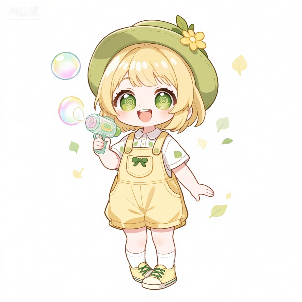 KTXR,该图像展现了一个动漫风格的角色,有着淡黄色的短发和草绿色的大眼睛,瞳孔中有旋转的树叶图案。该角色戴着一顶绿色的宽边草帽,帽子上别着一支黄色的小花。角色咧着嘴,露出开心的笑容。她穿着一件浅黄色的连体背带裤,搭配白色的短袖衬衫,衬衫上有绿色的小叶子图案。这件衣服设计简约,背带裤的口袋上有一个绿色的小蝴蝶结。该角色还穿着白色短袜和浅黄色帆布鞋,帆布鞋上有绿色的鞋带。她手里拿着一把透明的泡泡枪,正在吹出五颜六色的泡泡。背景是纯白色的,人物周围散布着彩色的小树叶形闪光,颜色有淡黄、草绿、浅绿等。整体风格可爱清新,夸张的大眼睛和小身材,强调角色活泼好动的模样。

