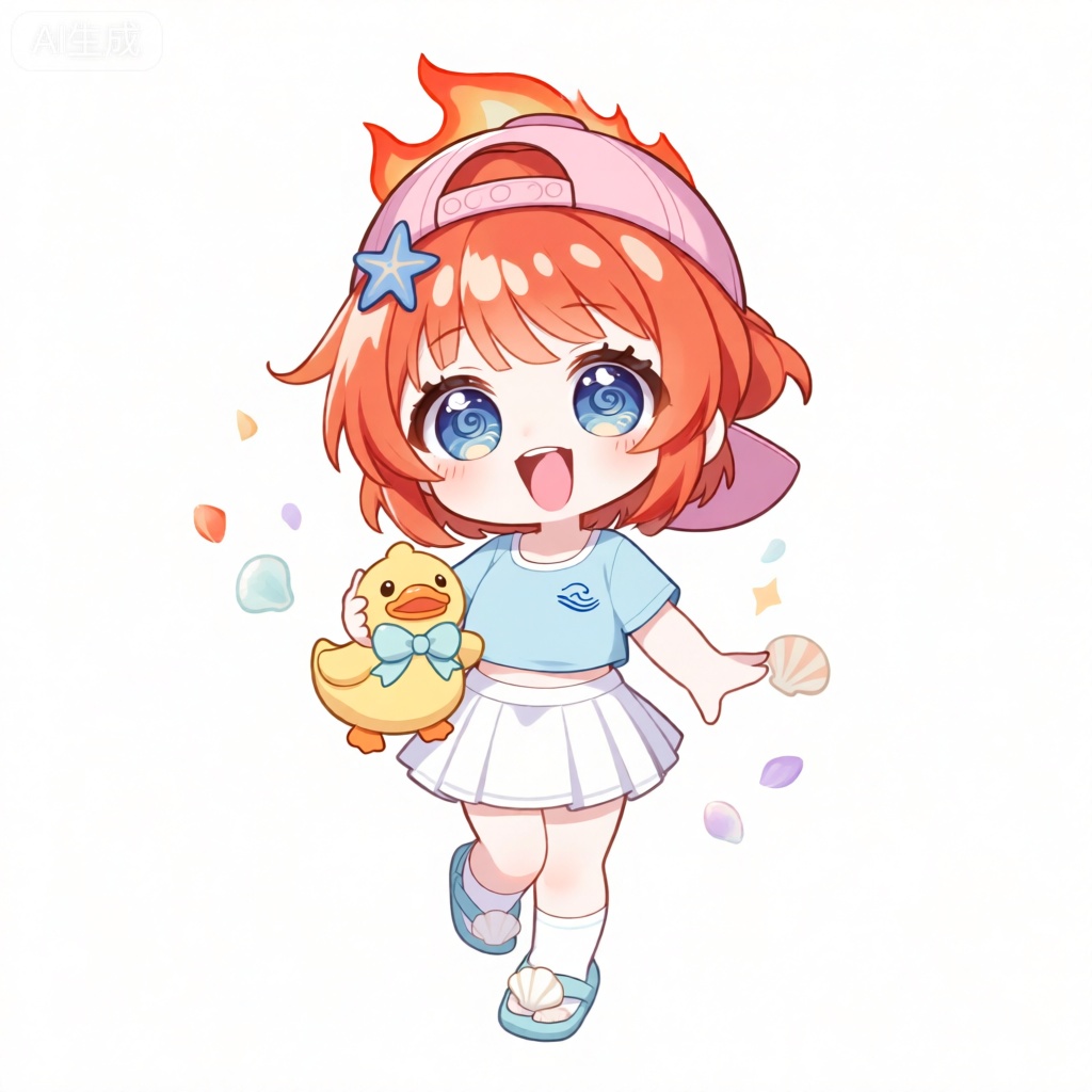 KTXR,此图像刻画了一个动漫风格的角色,有着橙红色的短发,发丝根根分明,像是燃烧的小火焰。她有着一双如海洋般深邃的蓝色大眼睛,瞳孔中有着旋转的海浪图案,仿佛藏着无尽的秘密。角色戴着一顶粉色的棒球帽,左侧别着一支蓝色的小海星。她张大嘴巴,露出欢快的表情,粉红色的小舌头调皮地动着。她穿着一件浅蓝色的短袖上衣,搭配白色的短裙,裙摆是百褶样式,活泼又灵动。衣服设计简洁,在胸前有一个小小的蓝色海浪标志。该角色还穿着白色的短袜和浅蓝色的凉鞋,鞋面上有白色的贝壳装饰。她手里拿着一只黄色的小鸭子玩偶,玩偶脖子上系着浅蓝色的蝴蝶结,小鸭子有着扁扁的嘴巴和憨厚的笑容。背景是洁白的白色,人物周围散落着彩色的小贝壳状闪光,有橙红、浅蓝、淡紫等颜色,整体风格可爱清新,夸张的大眼睛和小巧的身形,强调出角色活泼好动的模样。


