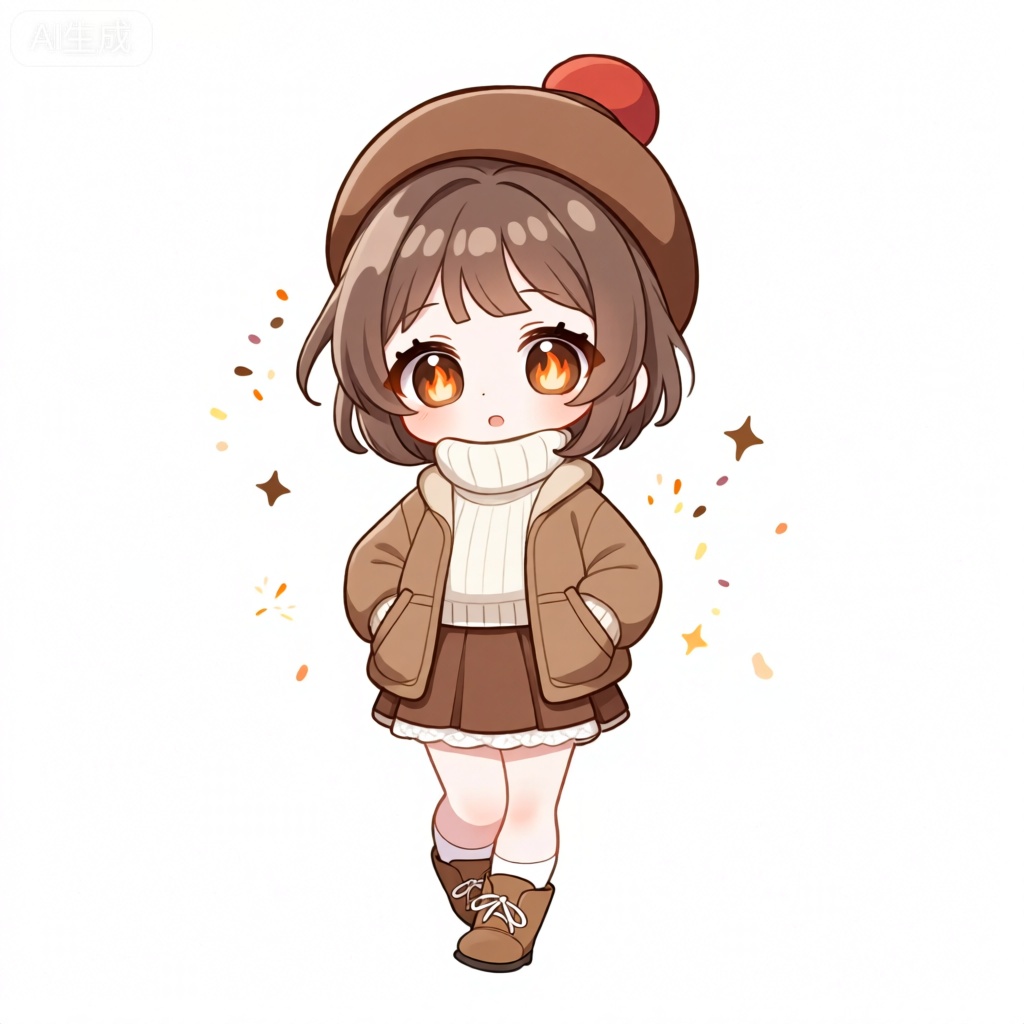 KTXR,该图像展现了一个动漫风格的角色,有着茶棕色的短发和棕褐色的大眼睛,瞳孔中有着温暖的炉火图案。角色戴着一顶棕色的贝雷帽,帽子上有一个红色的小毛球,角色双手插兜,神情悠闲。她穿着茶棕色的短外套,里面搭配白色的高领毛衣,下身穿着棕色的短裙,裙子的裙摆有白色的花边。这件衣服的设计很温暖,外套上有两个棕色的口袋。该角色还穿着白色短袜和棕色短靴,靴子上有白色的鞋带。背景是纯粹的白色,人物周围飘散着彩色的小火星,颜色有棕色、橙色、黄色等。整体风格可爱温馨,夸张的大眼睛和圆润的身材,体现出角色亲切随和的性格。

