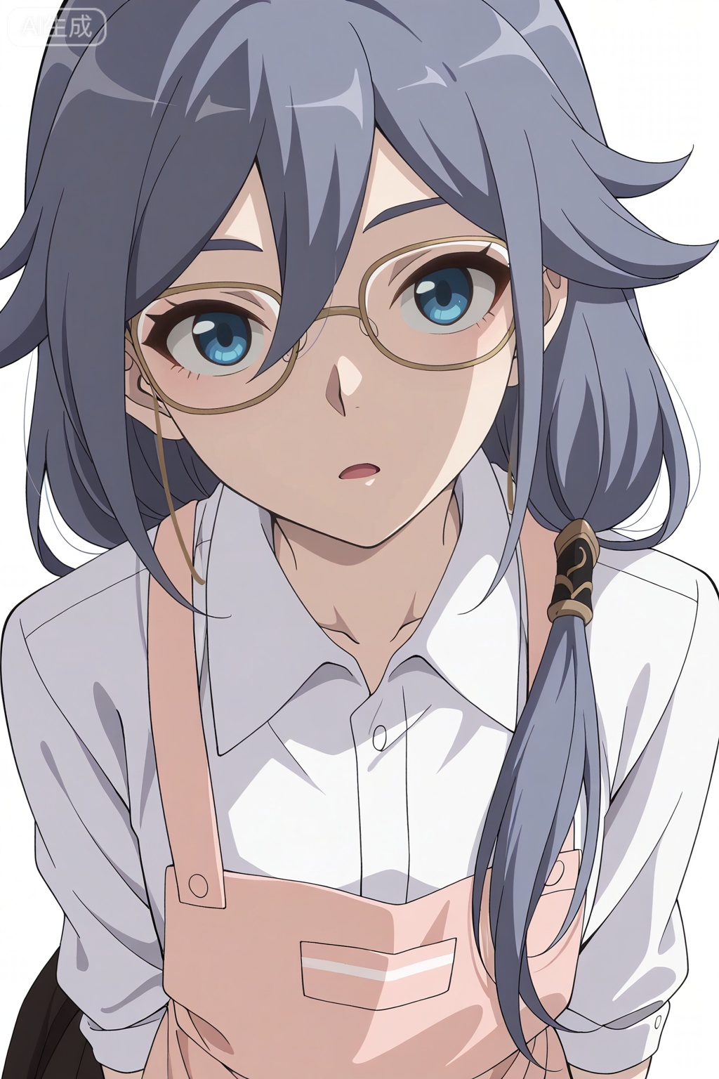 masterpiece, best quality,solo,((white background:1.2)),simple background,, 
looking at viewer,anime_style,fu_hua,blue eyes,grey hair,hair ornament,hair between eyes,glasses,apron,shirt,white shirt,pink apron,collared shirt