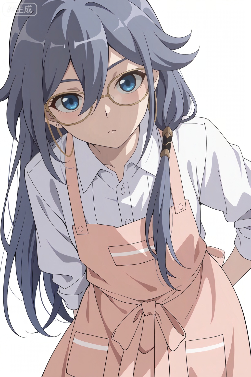 masterpiece, best quality,solo,((white background:1.2)),simple background,, 
looking at viewer,anime_style,fu_hua,blue eyes,grey hair,hair ornament,hair between eyes,glasses,apron,shirt,white shirt,pink apron,collared shirt
