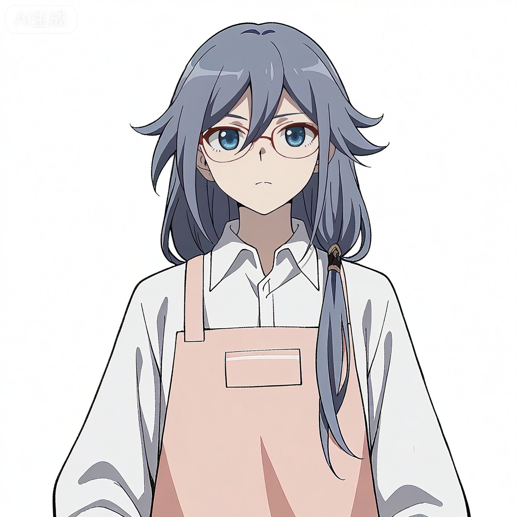 masterpiece, best quality,solo,((white background:1.2)),simple background,, 
looking at viewer,anime_style,fu_hua,blue eyes,grey hair,hair ornament,hair between eyes,glasses,apron,shirt,white shirt,pink apron,collared shirt