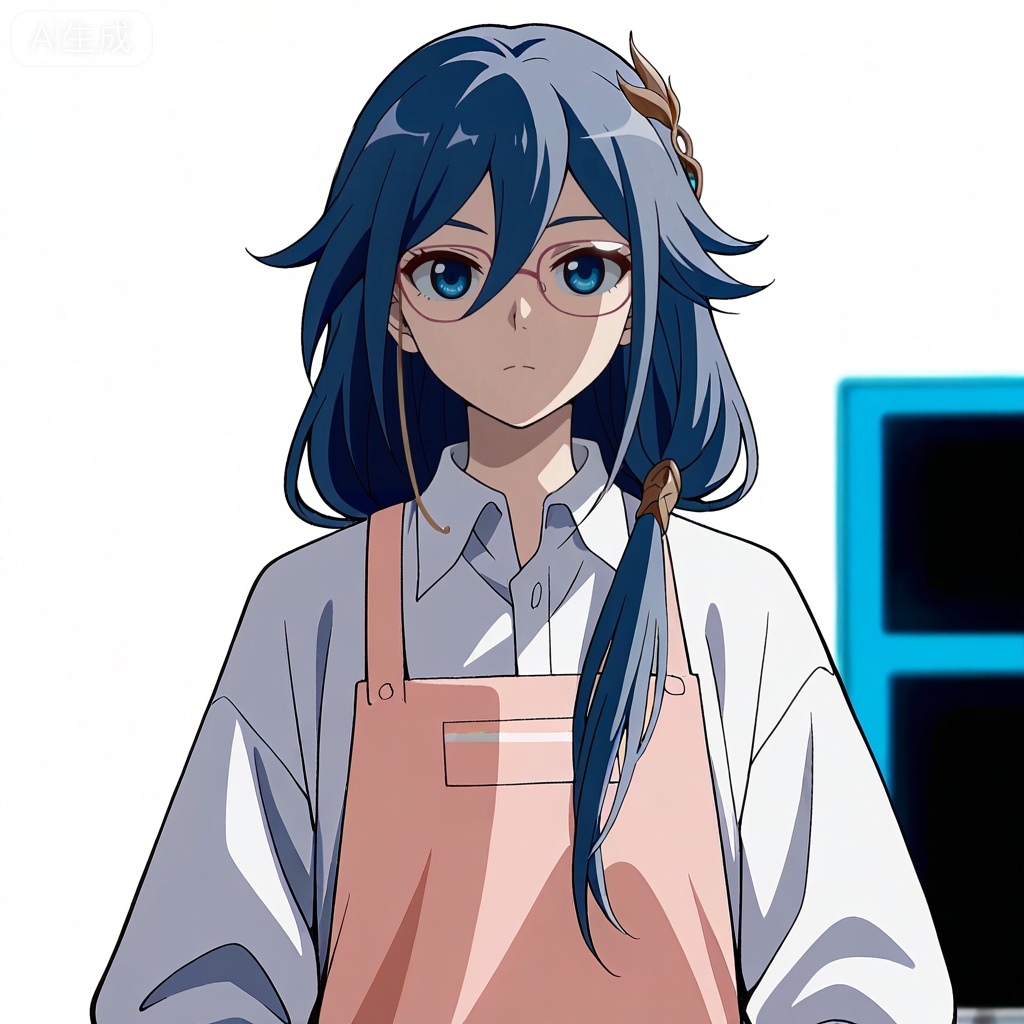 masterpiece, best quality,solo,((white background:1.2)),simple background,, 
looking at viewer,anime_style,fu_hua,blue eyes,grey hair,hair ornament,hair between eyes,glasses,apron,shirt,white shirt,pink apron,collared shirt