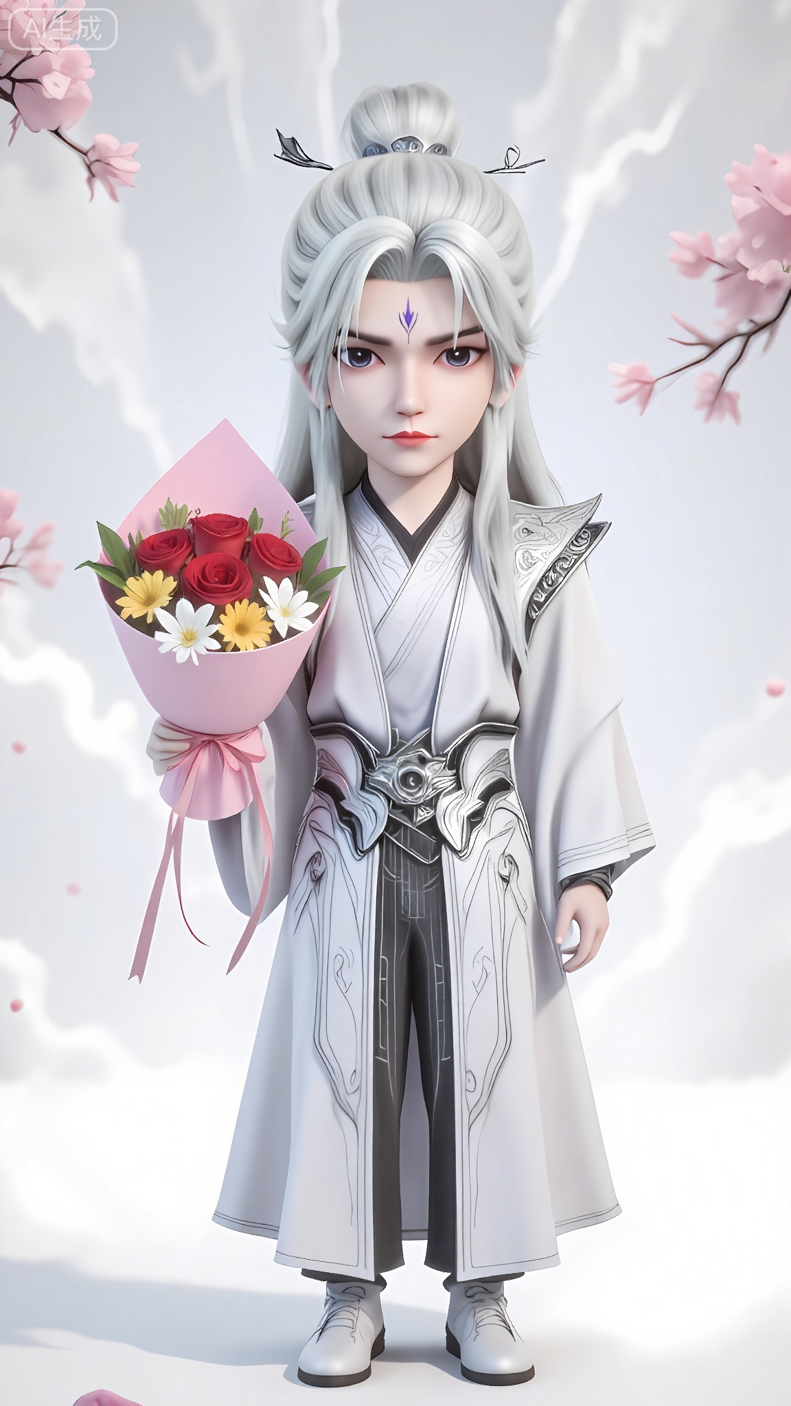 chibi, cute, little boy, The image depicts a character dressed in elaborate traditional white attire, standing against a light, cloudy background. The character has long, silver hair and is adorned with intricate, ornate clothing featuring a combination of white and black colors. The outfit includes a flowing robe with detailed patterns, a belt with a central decorative element, and shoulder guards. The character is holding a bouquet of flowers. The flowers include red roses, white lilies, and yellow daisies, all arranged in pink paper,wl,The background features a serene setting with cherry blossom trees in full bloom, creating a soft and dreamy atmosphere. The overall aesthetic is highly detailed and artistic, with a focus on the character's regular and ethereal appearance.,CGI,oll,figure,Q-version character