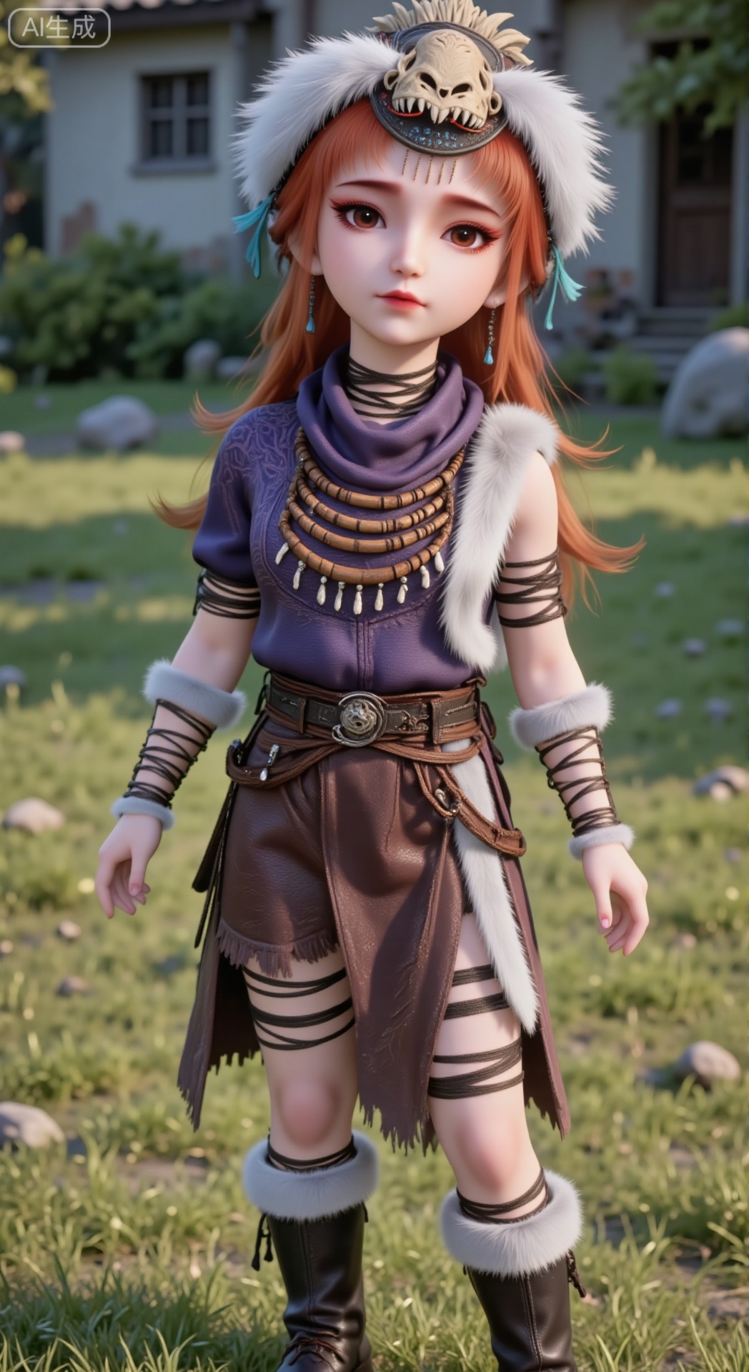 A full-body photo: A little doll stands in the yard. It has a short figure and a big head, looking at the viewer, with hands hanging naturally. It's a single figure.
 
It has long orange-red hair.
 
- Top: A purple top with a dark inner layer, and a shawl with fluff outside, which has unique patterns.
- Bottom: A skirt of varying lengths with a high slit on one side.
- Footwear: Boots with fluffy edges, paired with black leg straps.
- Accessories: Multi-layered leather arm bands, a wide waist belt (with functional ornaments), multi-layered wooden bead necklaces (including small pendants), and a hat decorated with animal bones and white fluff.
- Style: Fitted to the figure, integrating the wildness of primitive tribes with a fantasy feel.
 
It has a realistic texture, in a realistic style, with light and shadow effects, full of natural light. It's a chibi character.,CGI,oll,figure,Q-version character