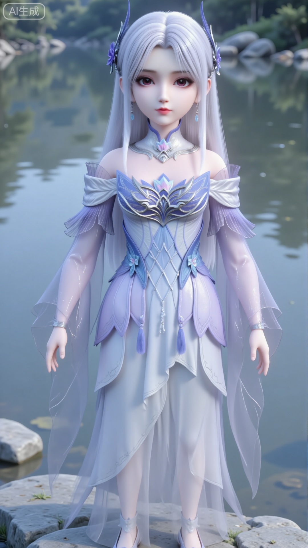 A full-body photo of a little doll standing by the river. Features include a big head, big eyes with eyelashes, and a short stature. She has long white hair, adorned with jewelry and earrings. She is wearing a Chinese-style long-sleeved dress in a realistic style, with delicate eyes. The dress is a blue-white gradient, with a sense of perspective, perspective sleeves, ribbons, and a wide-sleeved design on the chest. The sleeves are detachable. She is wearing light-colored flat embroidered shoes.
 
Light and shadow. Full of natural light.,CGI,oll,figure,Q-version character