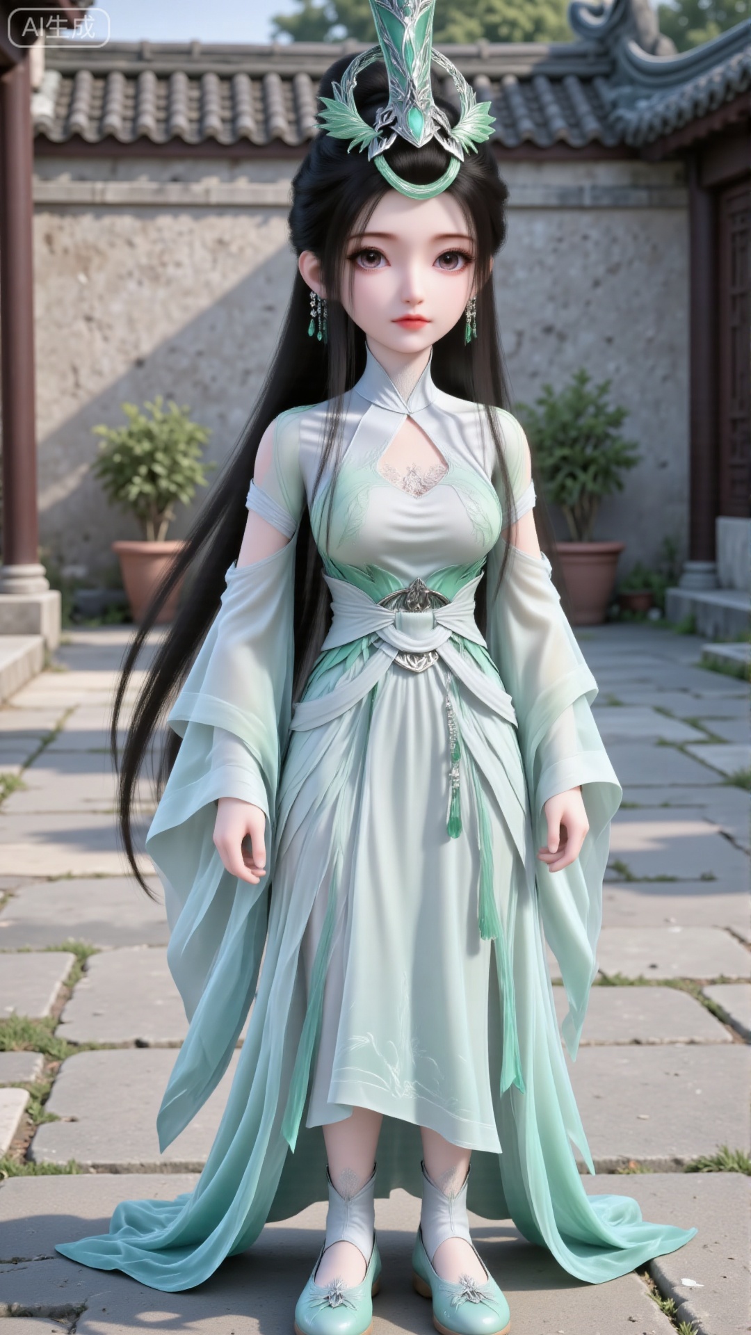 A full-body shot. A little doll. Short in stature, with a big head, big eyes—exquisite eyes with eyelashes. It's a front-facing shot, looking at the viewer, with hands hanging naturally.
 
She has long black hair styled into a bun, paired with exquisite hair ornaments featuring turquoise phoenix crown elements. She wears Chinese-style jewelry earrings with emerald pendants. Dressed in a light cyan-white gradient Chinese-style dress with tailored designs, the fabric has delicate textures, resembling shark silk with integrated scale patterns, and has wide sleeves. A belt is tied around her waist. On her feet are green flat embroidered shoes.
 
The scene is outdoors, in a courtyard, during the daytime, filled with natural light and light shadows.,Q character