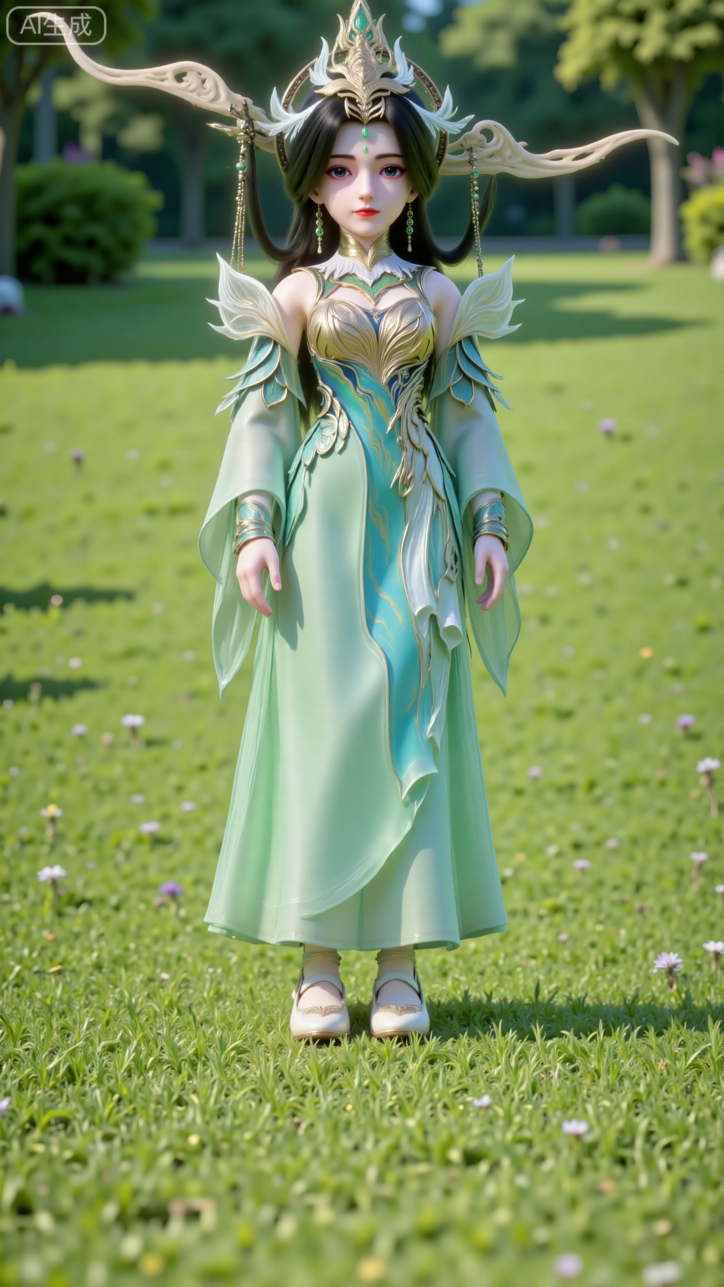 A little girl stands on the lawn, facing the audience. She has long black hair, and this is a frontal shot. She is small in stature, wearing hair accessories and a crown. She is dressed in a green gradient dress with gold and blue stripe decorations, featuring a wide-sleeve design and matching sleeve covers. There is a mark and a forehead ornament on her forehead. The lower part of the dress is a tulle skirt with a transparent texture, and the cuffs are detachable. The costume is adorned with exquisite embroidery, and she also wears earrings and a necklace. She has sky-blue eyes and is wearing light-colored flat embroidered shoes, standing on the ground with her hands hanging down. It is an outdoor setting with wildflowers, trees, and a park. There are light and shadow effects, filled with natural light.,CGI,oll,figure,Q-version character