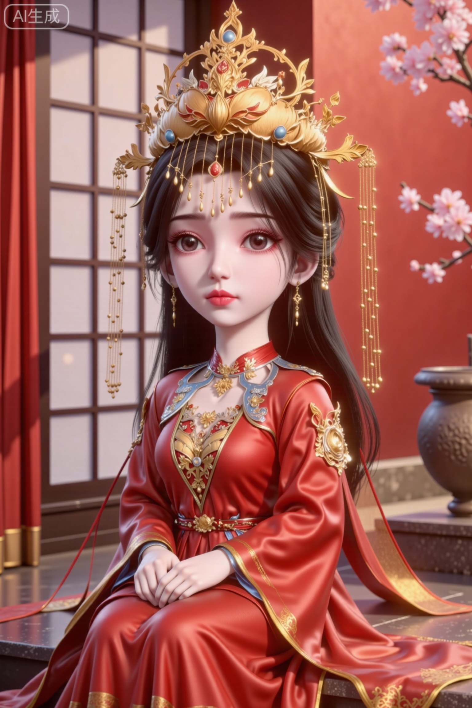 chibi, cute, little girl, (full body:1.3),dressed in a red silk dress, adorned with a gold crown, is seated on a step in front of a window. The little girl's dress is adorned with gold accents, adding a touch of sparkle to her outfit. Her hair is styled in a sleek bob, and her eyes are a piercing blue. The backdrop is a vibrant red, with cherry blossoms adding a pop of color to the scene.
