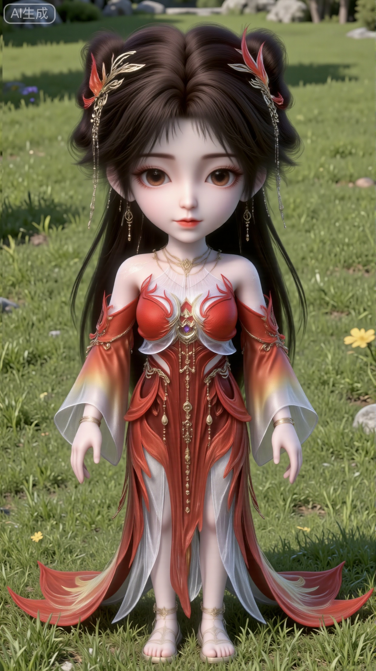 Chibi character, full-body front-facing illustration, cute childish proportions (large head, big eyes, small stature), long black hair styled into ancient-style buns, adorned with golden feather hair ornaments and tassel earrings, plus a multi-layered golden necklace; wearing a red gradient off-the-shoulder wide-sleeve long dress with a white inner lining and golden pattern decorations, a layered hem, and embroidered flat shoes; outdoor lawn background, ultra-detailed 3D rendering, cel-shaded style, rich details, soft lighting, 8K high definition.,flux3d_hle