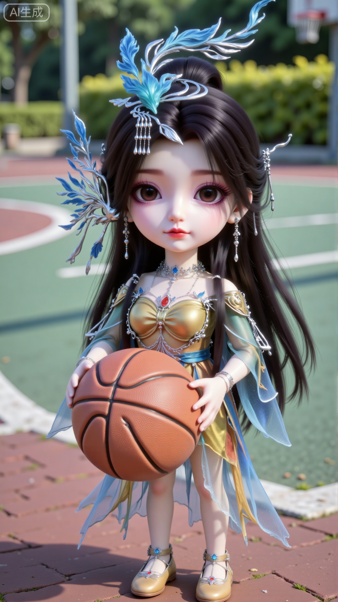 A full-body front-facing photo of a little doll holding a basketball. She has a petite figure, a big head, and big eyes. She wears long black hair with gorgeous hair accessories, earrings, a necklace, a gradient-colored dress, and flat embroidered shoes. It's a Q-version character, outdoors on a basketball court.