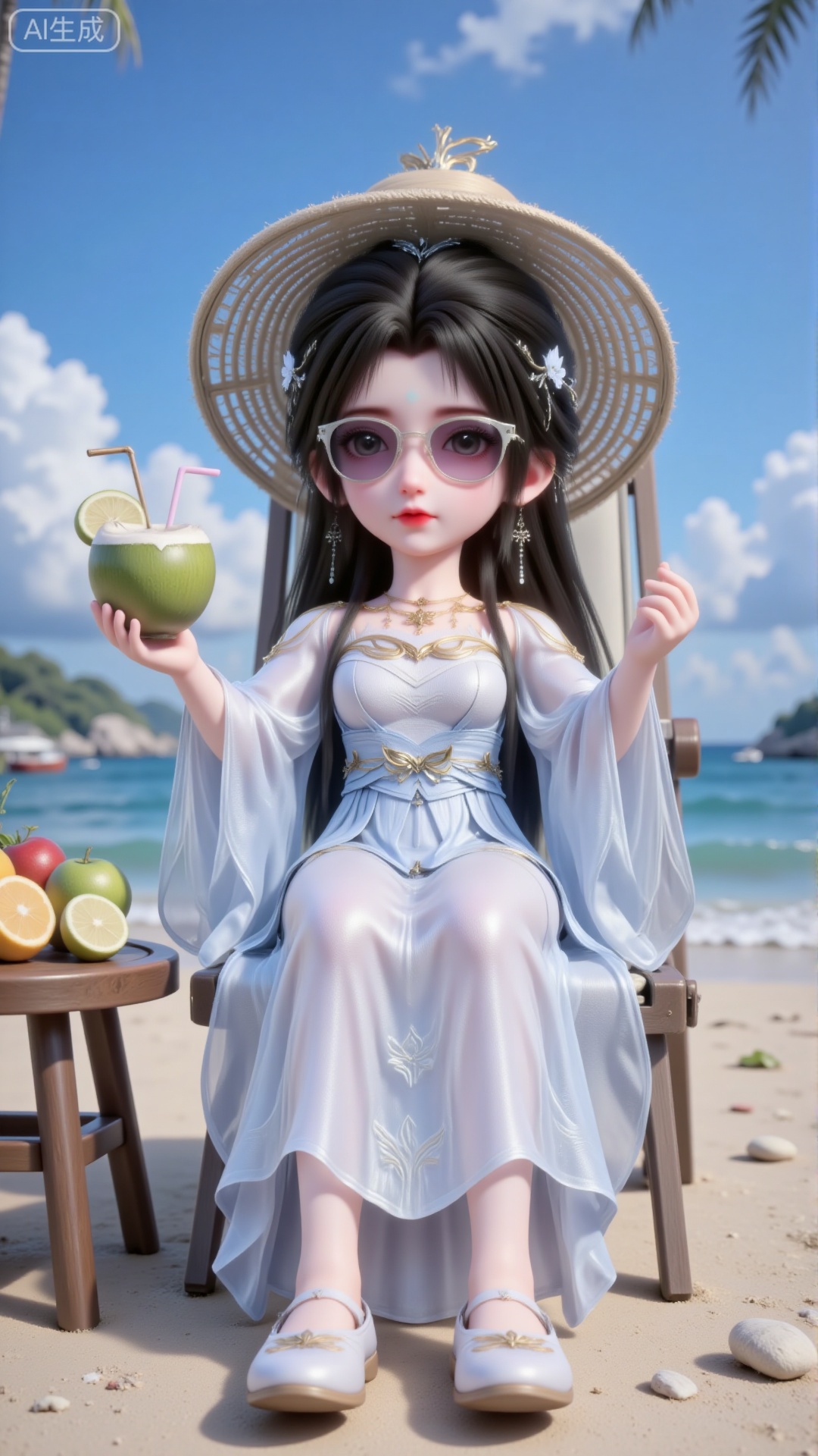 A bird's-eye view shows a little doll lying on a deck chair wearing sunglasses, holding half a coconut in both hands with a straw inserted into it. She has a delicate straw hat on her head, tied with a bow. The table beside her is filled with sliced fruits, and the background features a beach and the sea.
 
She is small in stature, with her jet-black long hair styled into an exquisite bun, adorned with delicate silver hairpins and a small silver crown. She is wearing a dress embroidered with intricate patterns, paired with delicate sleeves that have a faint sheen. On her feet are a pair of light-colored embroidered flat shoes.
 
The overall style is realistic, with a blue sky dotted with a few white clouds, full of rich natural light and shadow effects.