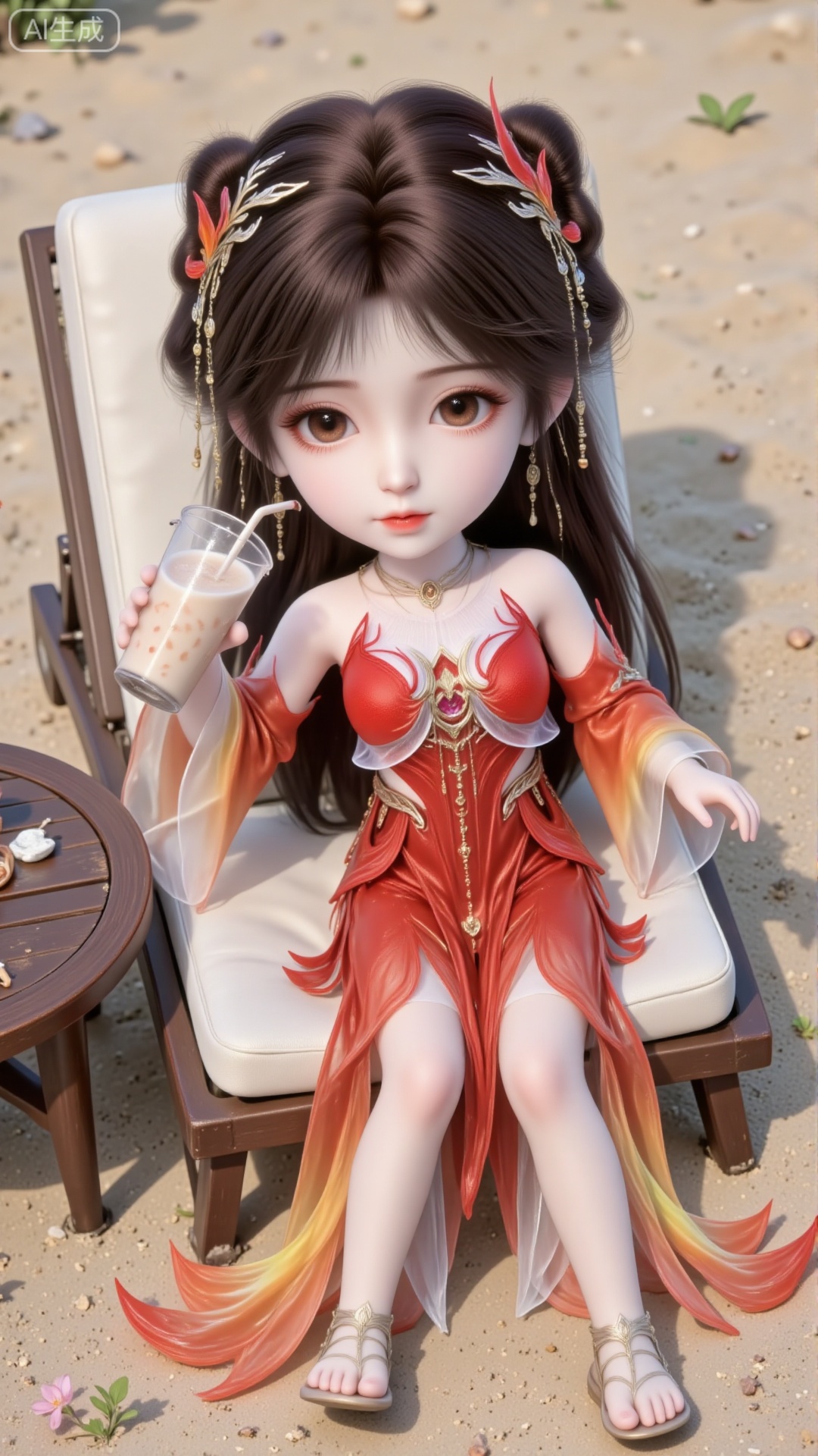 A little doll is lying on a beach lounger, drinking milk tea. There is a table nearby. It is short and slender with a big head. Single figure. Long black hair. Wearing jewelry, earrings, a red gradient dress, and hair ornaments. It has eyelashes, delicate eyes, and a hair bun—Chinese-style clothing with a single bun. Wide sleeves that are separated. It has a realistic texture. Realistic style with light and shadow effects, full of natural light. A Q-version character.