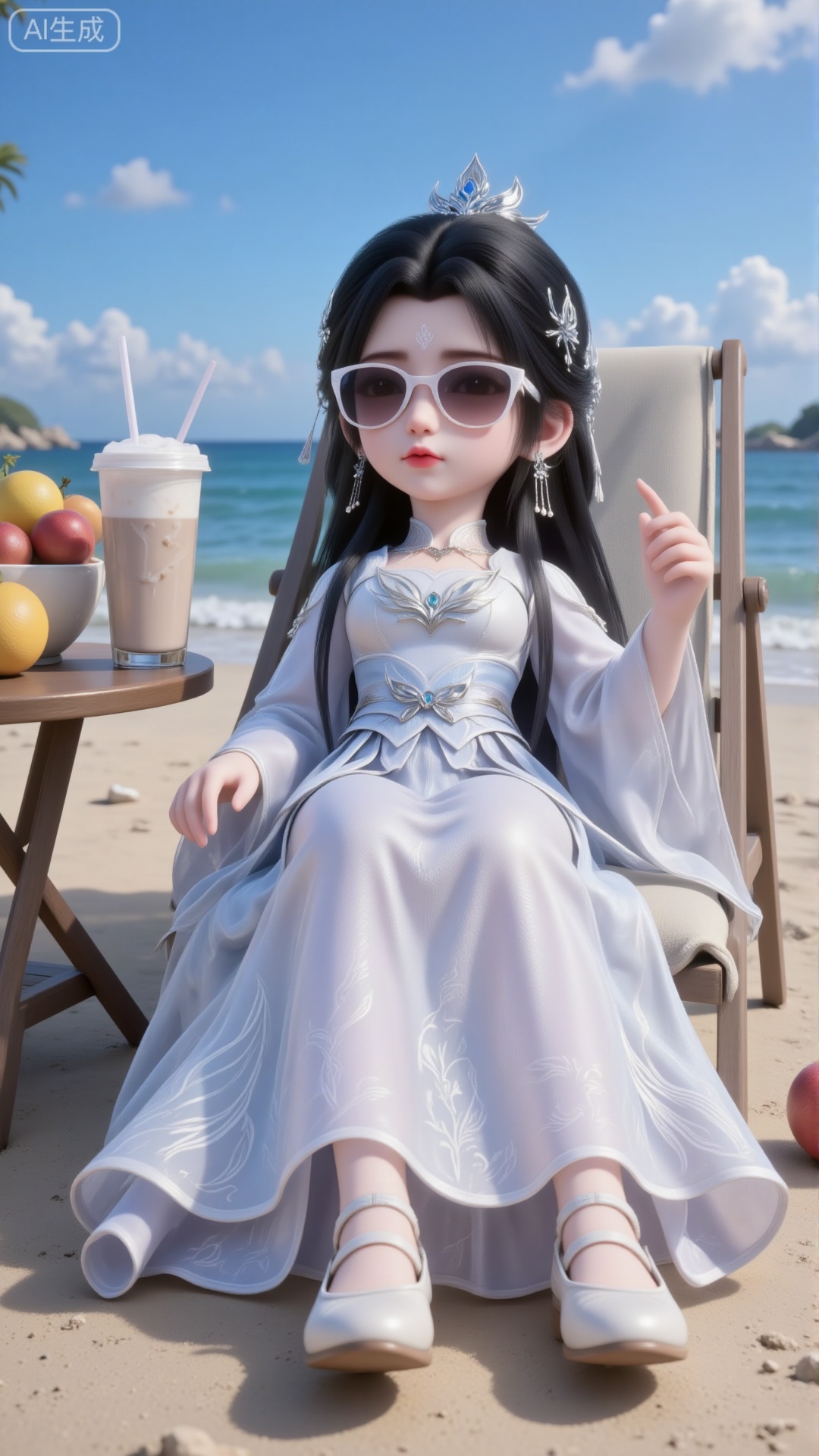 From a bird's-eye view, a little doll lies on a deck chair, wearing sunglasses on her face. A table beside her is filled with a variety of fruits, and the background features a beach and the sea. She holds a cup of milk tea in her hand, with a straw inserted into it. She has delicate, large eyes, long eyelashes, a big head and a short stature.
 
The doll has a small figure. Her jet-black long hair is styled into an exquisite bun, adorned with delicate silver hairpins and a tiny silver crown. She is dressed in a long skirt embroidered with intricate patterns, paired with delicate sleeves. The outfit has a sense of layering and is decorated with exquisite textures, with wide sleeves. On her feet are a pair of light-colored embroidered flat shoes.
 
The overall style is realistic, with a blue sky dotted with a few white clouds, and the picture is full of rich natural light and shadow effects.