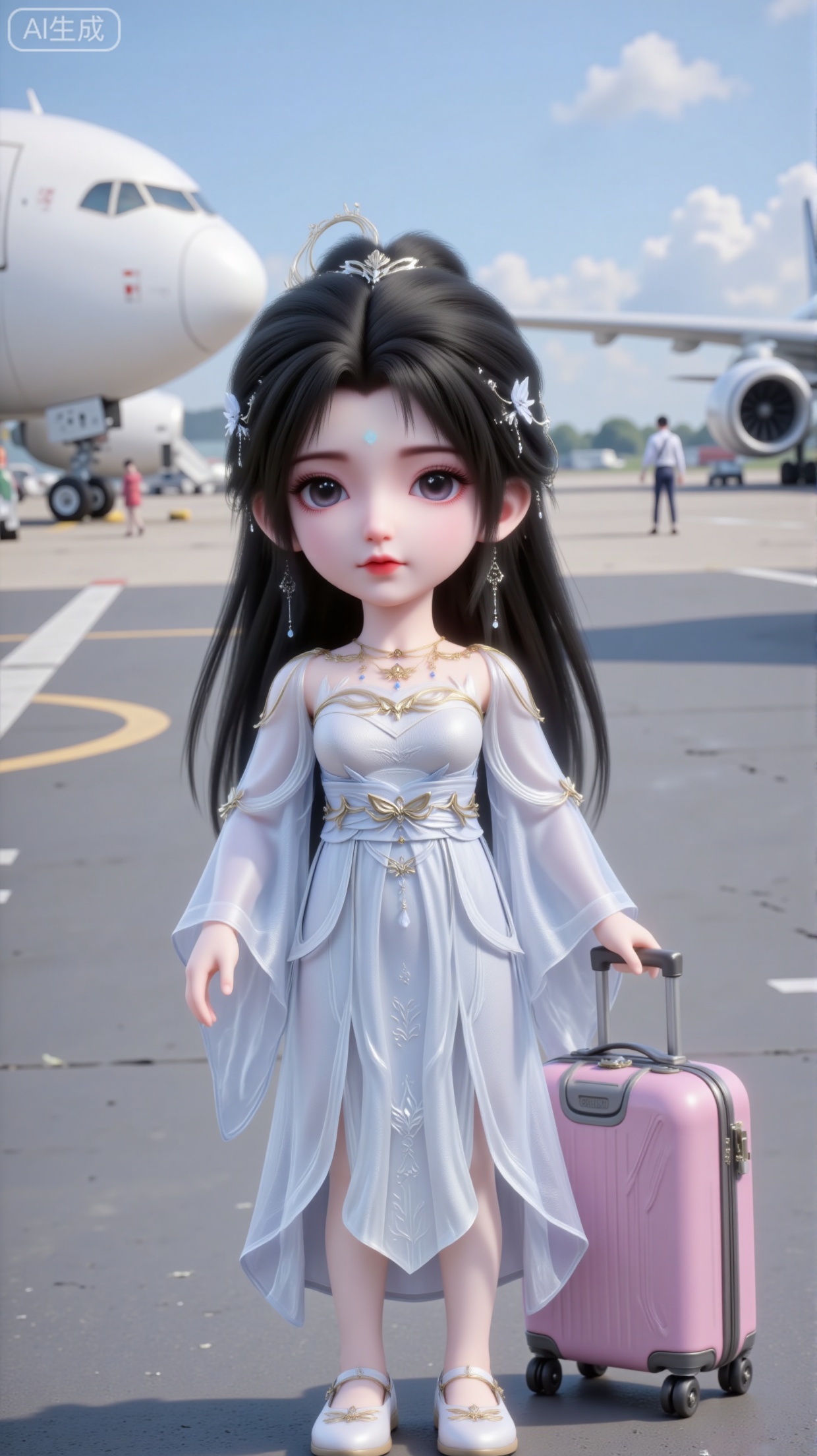 In a full-body frontal photo, a little doll is dragging a pink suitcase at the airport. Behind her are huge airplanes and boarding stairs. She stands facing the camera, with big, bright blue eyes. She has a small figure and is in a single pose. Her long black hair is styled into an exquisite bun, adorned with delicate silver hairpins and a small silver crown. She is wearing a dress embroidered with elaborate patterns, along with delicate sleeves that have a faint sheen. On her feet are a pair of light-colored embroidered flat shoes. The overall style is realistic, set outdoors at the airport, with rich lighting effects filled with natural light.