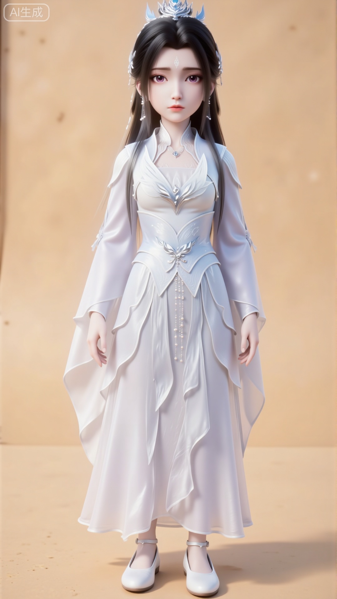 A full-body shot, taken with a wide-angle lens from the front: a little girl with a short stature, big eyes, long eyelashes, standing with her hands hanging naturally by her sides.

There is a mark on her forehead. She has long black hair, a hair crown, delicate eyes, and wears purple contact lenses.

- Clothing: A white dress.
  - Structure: The neckline and chest of the top are decorated with layered petal-cut designs; the cuffs are wide, a belt is tied around the waist with tassels hanging down, and the folds are smooth. It features wide sleeves.
  - Accessories: Silver hair ornaments.

She is wearing flat embroidered shoes.

The background is pure beige, with light and shadow, filled with natural light. Q character, CGI, oll, figure, Q-version character.