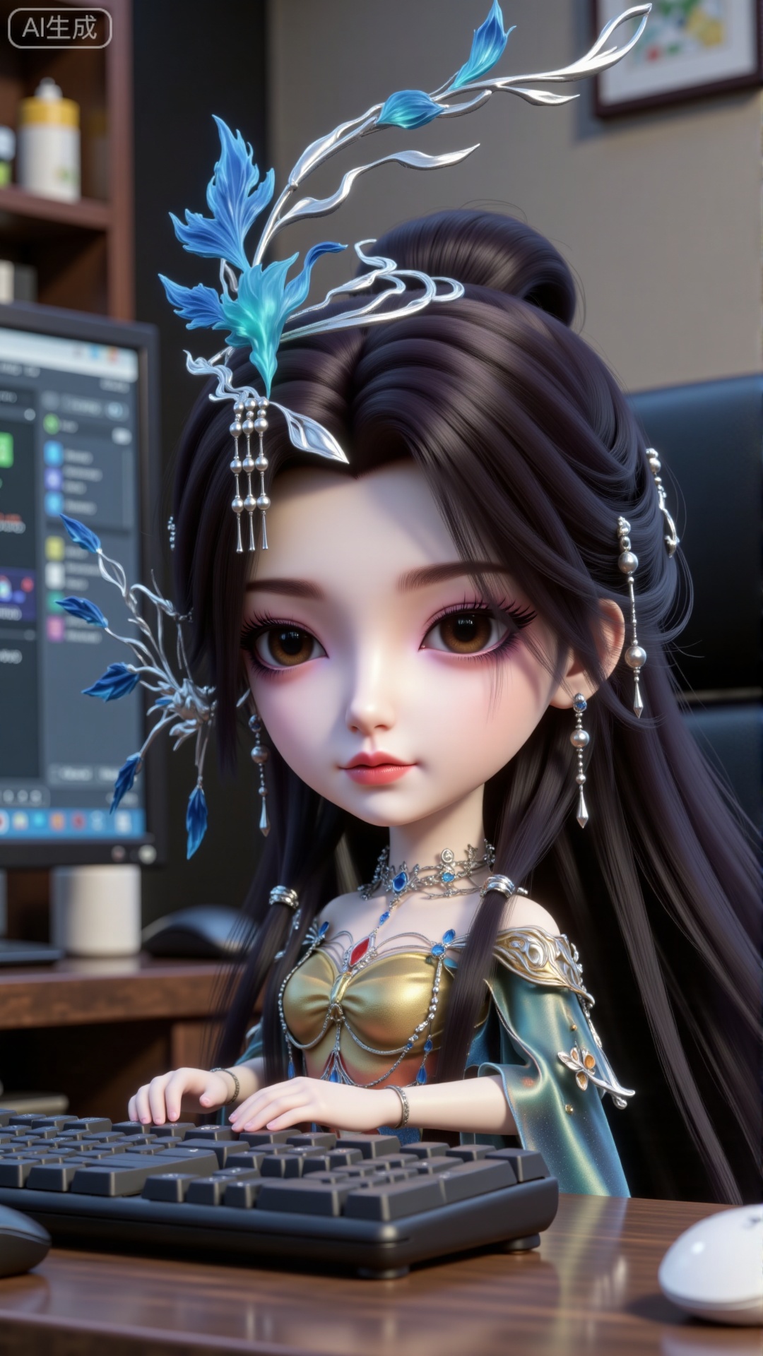 A little doll sitting in an office. Petite figure. Big eyes. Big head. Delicate eyes, long black hair, gorgeous hair accessories, earrings, necklace, gradient color dress. Office. Computer. Keyboard. Mouse. Chibi character.,CGI,oll,figure,Q-version character