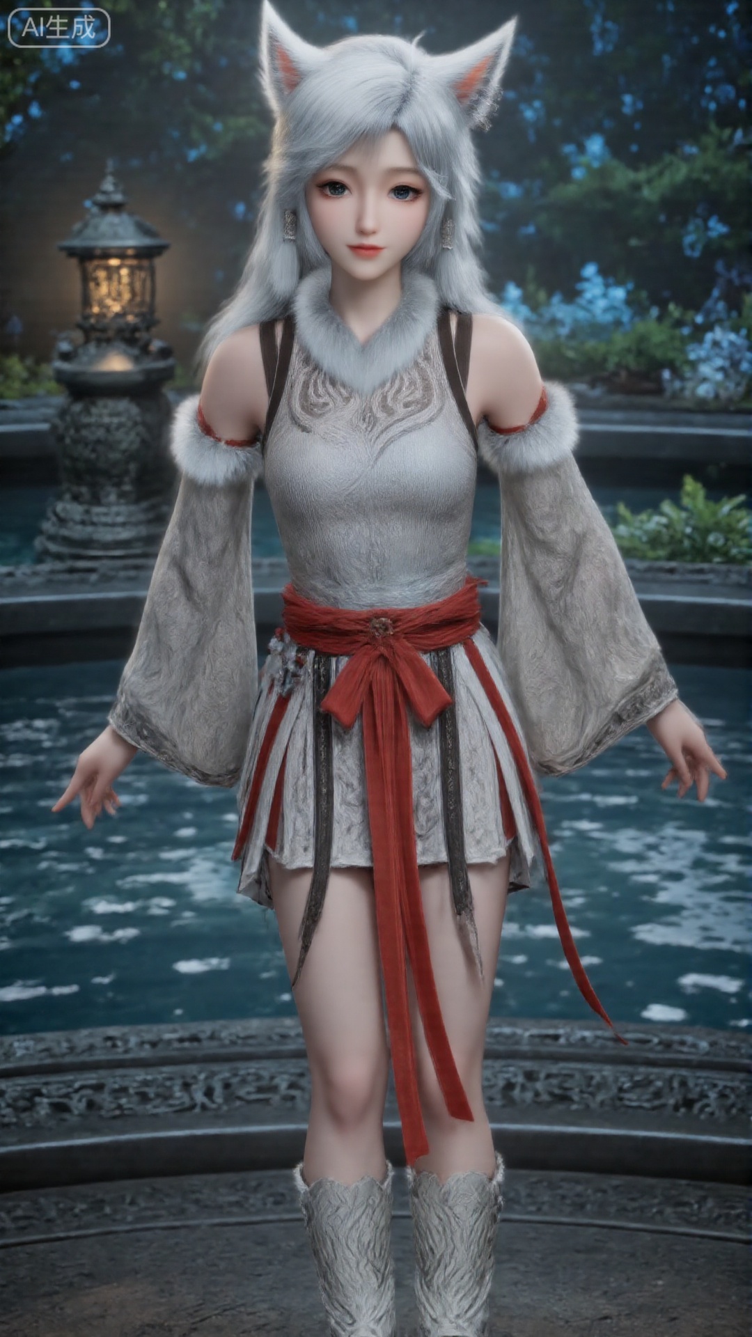 This is a Q-version ancient-style little girl in full body. As a Q-version character, the overall picture is fresh and cute.1girl, white hair, solo, animal_ears, long hair, perfect body, scenery, sharp focus, best quality, masterpiece, detailed outfit, illustration, perfect eyes, finely detailed beautiful anime eyes, realistic skin, intricate details, best lighting, depth of field, ultra high resolution, full body,  full body shot, long shot, masterpiece, best quality, standing in grassland, cinematic lighting, wide angle view, depth of field,CGI,oll,figure,Q-version character