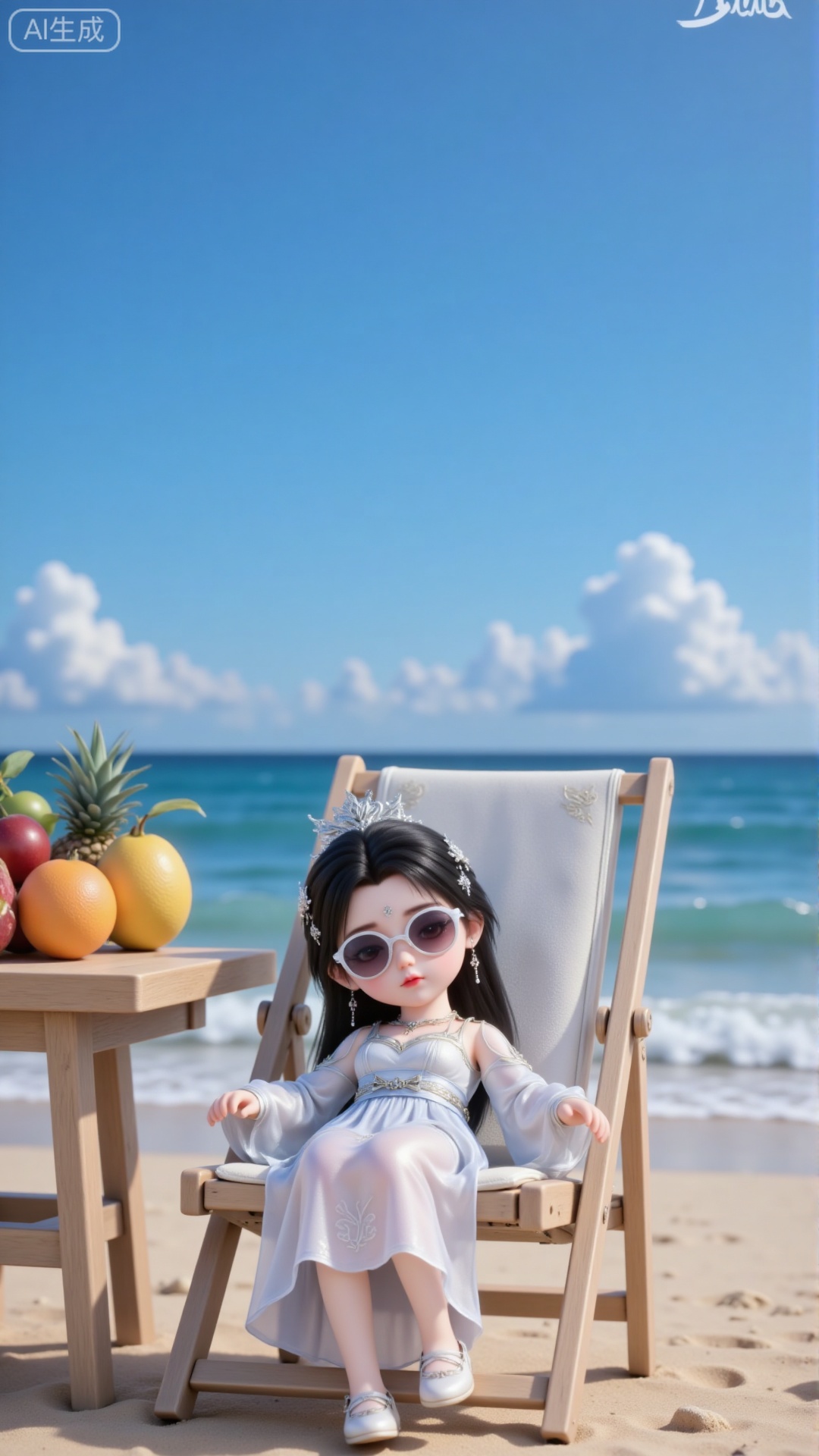 A bird's-eye view shows a little doll lying on a deck chair asleep, wearing sunglasses. Next to her, a table is filled with various fruits. The background features a beach and the sea. She has a small figure, with her jet-black long hair styled into an exquisite bun, adorned with delicate silver hairpins and a tiny silver crown. She is dressed in a dress embroidered with intricate patterns, paired with delicate sleeves that have a faint sheen. On her feet are a pair of light-colored embroidered flat shoes. The overall style is realistic, with a blue sky dotted with a few white clouds, full of rich natural light and shadow effects.