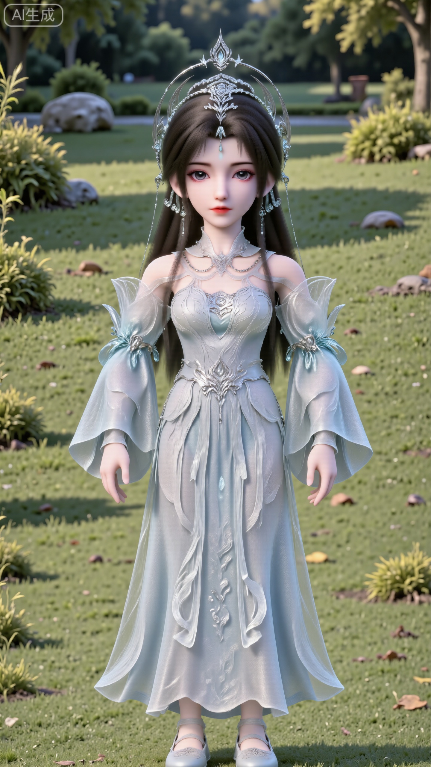 A front-facing photo shows a little doll standing on the grass. It has big eyes and a short stature, with hands hanging naturally down, presented as a single - figure pose. Its jet - black long hair is styled into a complex bun, adorned with exquisite silver hairpins and a small silver crown. It is wearing a traditional high - collared robe, which has elaborate patterns embroidered on it, and the edges are trimmed with fluffy white fur; the robe has a luxurious and soft texture, with a faint sheen. On its feet are a pair of light blue embroidered flat shoes. The overall style is realistic, set outdoors with lawns, wild grass, and trees. The lighting and shadow effects are rich, filled with natural light.,CGI,oll,figure,Q-version character