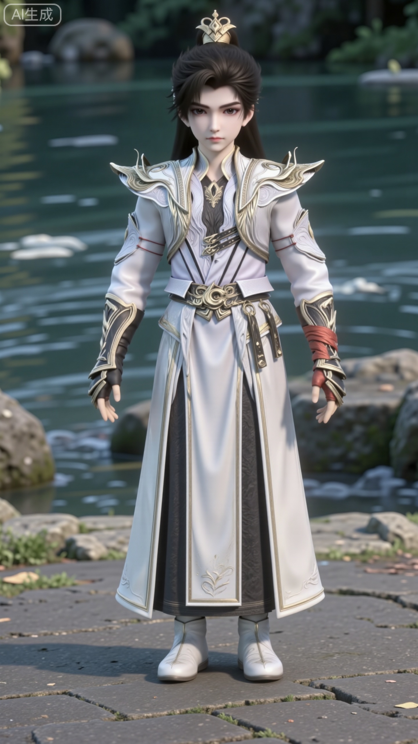 A full-body front view of a small doll-like figure. It has a short stature, a large head, and big, delicate eyes. With long black hair, it stands by the river, hands hanging naturally. It has brown eyes and stands alone on the stairs, wearing a hair crown. This boy is the focus of the picture. He wears fingerless black gloves, a belt around his waist, and armor on his body, with black textures on the costume, and shoes are also included. The overall style is realistic, presenting a 3D-rendered character with rich details and clear textures.
 
It is bathed in natural light, with distinct light and shadow effects.,CGI,oll,figure,Q-version character