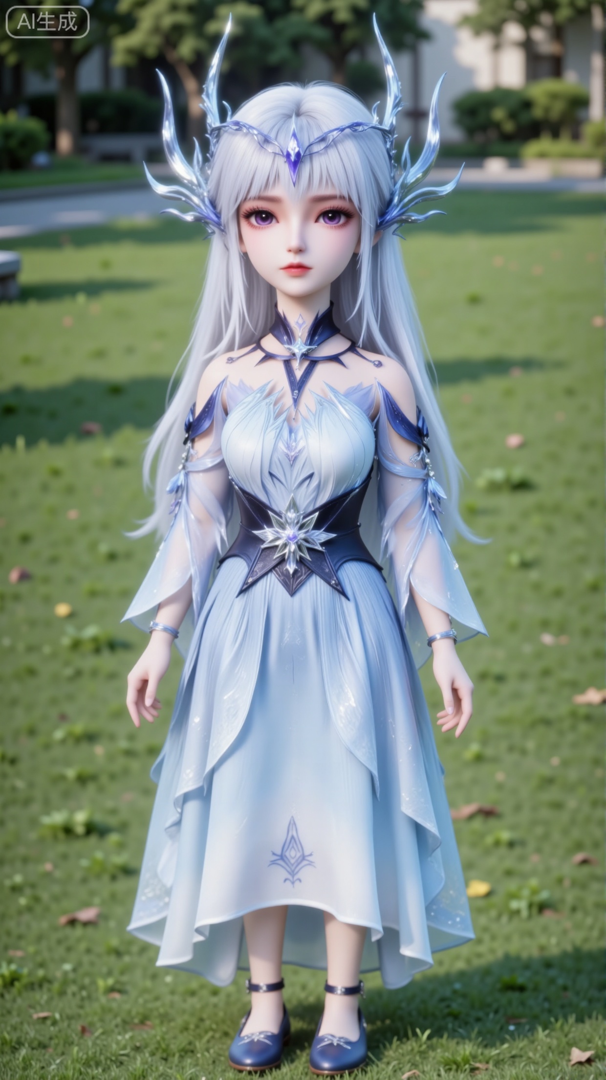 - Full-body shot, front view: A little doll standing in a yard, short in stature with a large head. Hands hanging naturally, single figure. She has long white hair, big eyes with colored contact lenses, long eyelashes, and purple pupils, looking at the audience.
- She wears a headdress shaped like ice crystal thorns. Dressed in a blue-white gradient off-the-shoulder long dress with exquisite embroidery. The sleeves and hem are light and flowing with layers of folds.
- Crystal ornaments adorn her neck and wrists. She wears flat embroidered shoes.
- Filled with natural light and light and shadow effects. Chibi character.,CGI,oll,figure,Q-version character