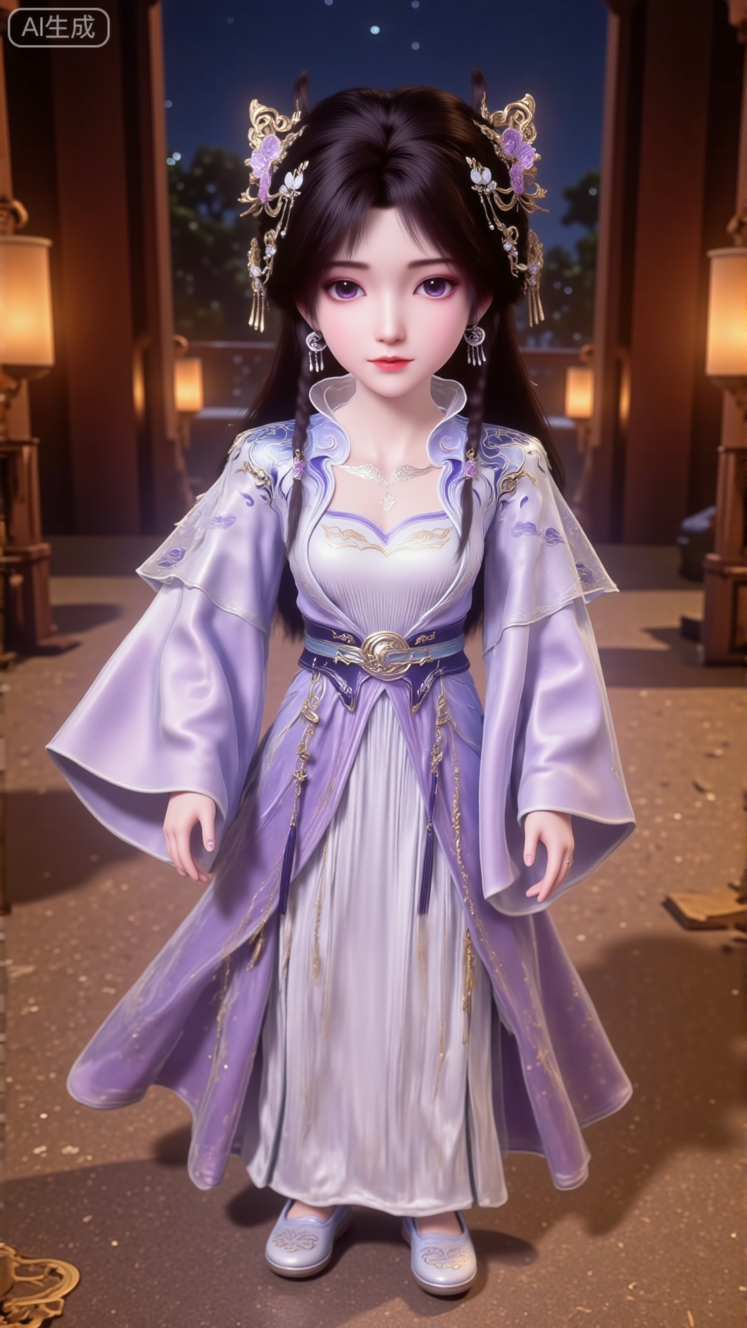 Aerial view, upper body. First-person selfie perspective. 1 little doll taking a selfie, looking at the viewer. Short stature, large head, big eyes, purple pupils, eyelashes. Long black hair, adorned with exquisite hair accessories, earrings and a necklace. She wears a Xianxia-style long dress mainly in light purple, with a skirt that has a strong sense of drape and wide sleeves. There are delicate cloud-patterned embroideries on the chest, shoulders and sleeves, and a purple sash with a metal buckle is tied around her waist.
Indoor setting. Luxurious living room. Nighttime. Candlelight.