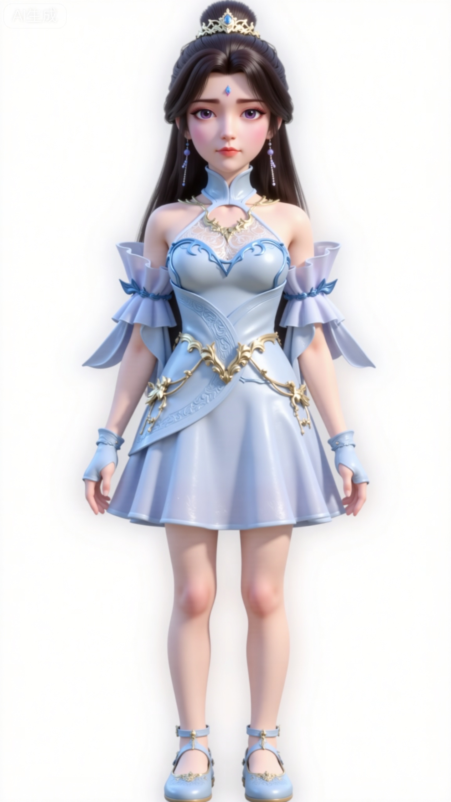 A panoramic, front-facing full-body shot of a single little girl. She stands with long black hair, adorned with a hair crown and hair accessories, and has a single hair bun. Her dress is off-the-shoulder, including a white dress and a blue dress, paired with arm sleeves, a detachable collar, and fingerless gloves. She wears earrings, a forehead mark with a gemstone between the brows, a necklace, a crown, and bracelets, with beads decorating her attire. Her eyes are purple and blue, and her skin has a radiant glow. She is wearing blue flat embroidered shoes. In a realistic style, the scene is indoors with a pure white background, bathed in natural light, featuring cinematic lighting and volumetric light, with the focus solely on her.,CGI,oll,figure,Q-version character