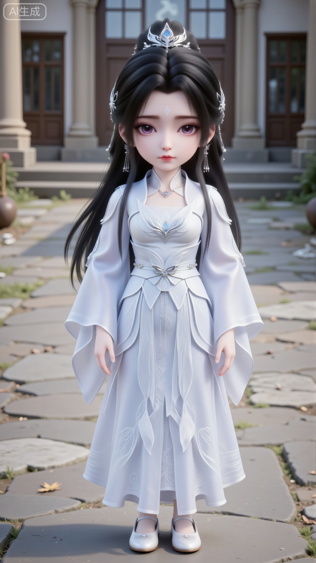 A little doll stands in a courtyard. Shown from the front, it has delicate eyes—large ones with eyelashes—a big head, and a short stature, wearing purple colored contact lenses and facing the audience.
 
The doll has a small figure. Its jet-black long hair is styled into an exquisite bun, adorned with delicate silver hairpins and a tiny silver crown. It is dressed in a white long dress embroidered with intricate patterns, matched with delicate sleeves; the outfit has a sense of layering and features exquisite textures. It also has wide sleeves and a waist belt, and wears a pair of light-colored embroidered flat shoes, along with accessories.
 
The overall style is realistic, set in a courtyard, and the picture is full of rich natural light and shadow effects.