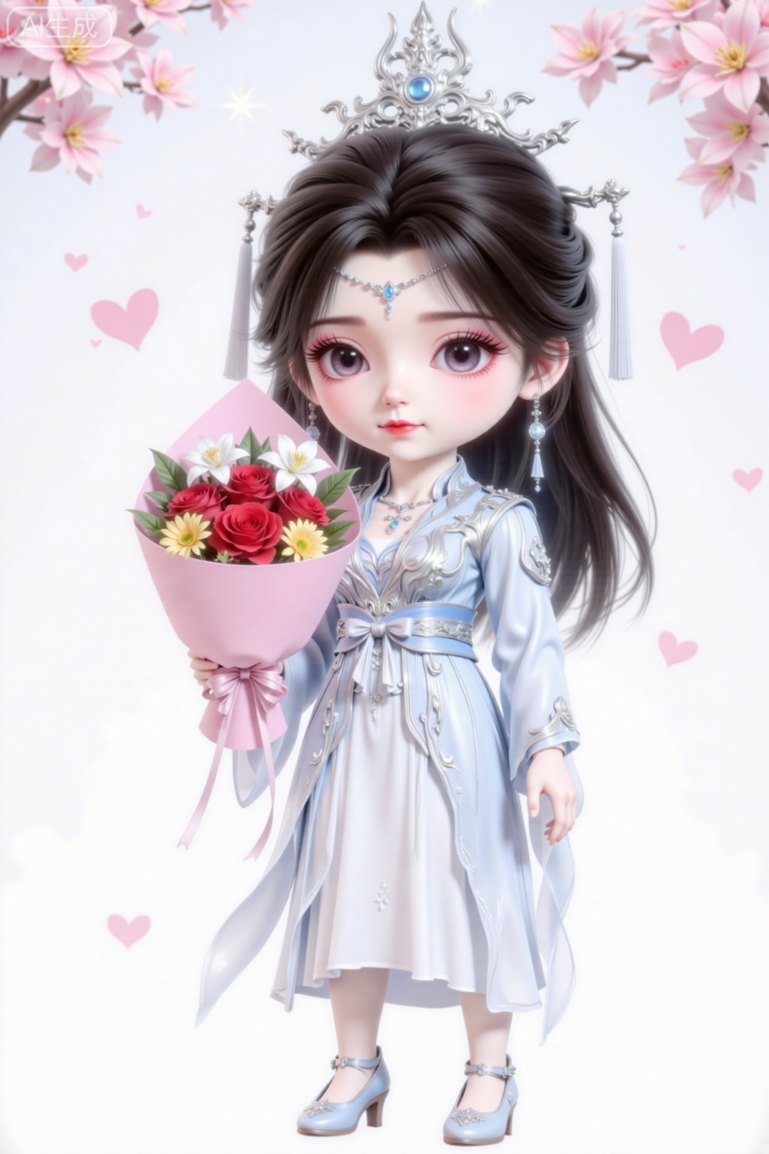 full body,chibi, cute, little girl,lmw,smile, high heels,The image depics a beautifully illustrated character dressed in traditional East Asian attire. The character is adorned with intricate silver and blue embroidery on a light blue robe, completed by a matching headpiece featuring a central blue gemstone. Elegant earnings with dangling blue beads are visible, and the character's hair is styled in a flowing manner, with a portion of it tied back. The background features a serene setting with cherry blossom trees in full bloom, creating a soft and dreamy atmosphere. The overall aesthetic is highly detailed and artistic, with a focus on the character's regular and ethereal appearance.The image depicts a girl, standing against a light, cloudy background. The character is holding a bouquet of flowers. The flowers include red roses, white lilies, and yellow daisies, all arranged in pink paper,wl,The background features a serene setting with cherry blossom trees in full bloom, creating a soft and dreamy atmosphere. The overall aesthetic is highly detailed and artistic, with a focus on the character's regular and ethereal appearance.