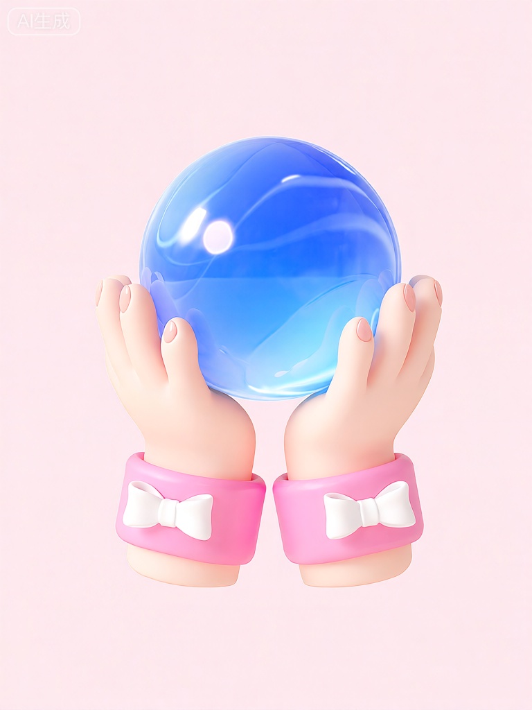 3DYS,该图像的特点是两只萌趣风格的手托着一个又大又剔透的蓝色水晶球。水晶球内部仿佛有流动的光影,表面光滑如镜,能精准捕捉光线,产生梦幻的光斑。双手肤色白皙,手指短粗且憨态可掬,指甲圆润可爱。每只手都戴着比手腕稍宽的粉色护腕,护腕上带有白色的蝴蝶结装饰。背景是柔和的浅粉色,与蓝色的水晶球和粉色护腕形成温馨且柔和的对比。图像的整体风格甜美而简单,线条圆润柔和,以水晶球为中心元素。

