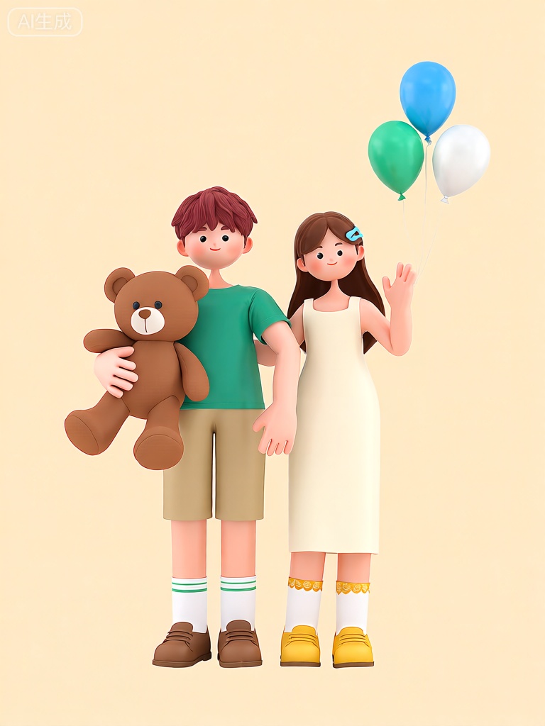 3DYS,该图像的特点是两个卡通风格的角色并排站立在纯浅黄色背景上。左边的角色是一名棕色短发的男孩,穿着绿色短袖衬衫和卡其色短裤。他穿着带有绿色条纹的白色袜子和棕色鞋子。他的左手抱着一个巨大的棕色泰迪熊玩偶。右边的人物是一位留着棕色长发的女孩,穿着一件垂至小腿的无袖浅黄色连衣裙。她穿着带有黄色花边的白色袜子和黄色鞋子。她的头上别着一个蓝色的发卡。她的右手微微弯曲,做出打招呼的姿势,左手搭在男孩人物的肩膀上。在人物的上方和右侧,三个气球漂浮着：一个蓝色、一个绿色和一个白色。整体构图简洁、色彩柔和,角色显得可爱、温馨。

