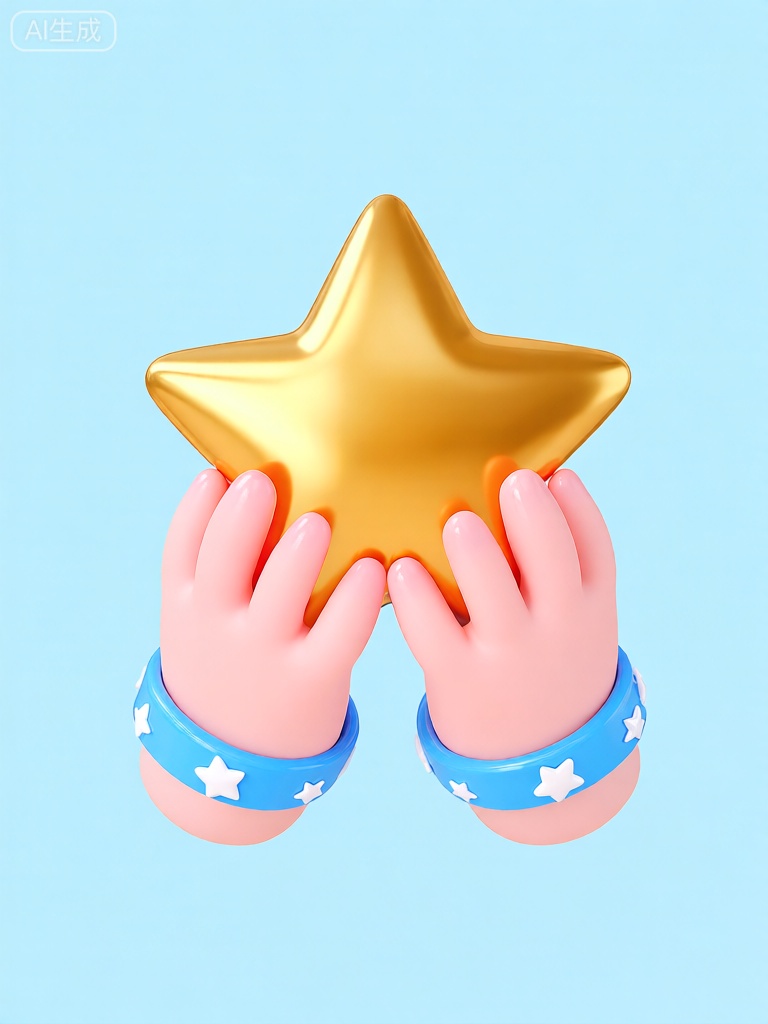 3DYS,该图像的特点是两只可爱风格的手捧着一颗巨大且闪耀的金色星星。星星有着细腻的金属质感表面,能够反射光线,形成耀眼的高光。双手肤色粉嫩,手指小巧且圆润,指甲圆润光滑。每只手都戴着比手腕略宽的蓝色手环,手环上还有白色的小星星装饰。背景是纯净的浅蓝色,与金色的星星和蓝色手环形成清新且柔和的对比。图像的整体风格活泼而童趣,线条简洁流畅,以星星为中心元素。

