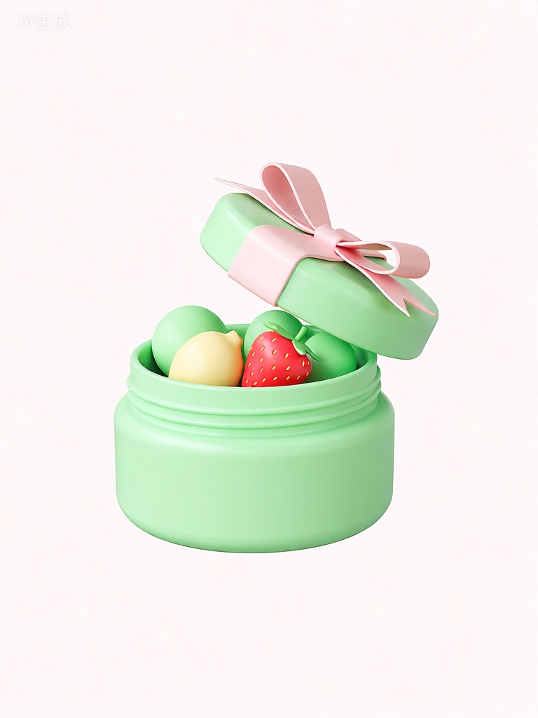 3DYS,该图像描绘了一个圆形嫩绿色小罐子,罐盖稍微掀开。罐盖也是圆形的,上面缠绕着一条淡粉色的丝带,系成蝴蝶结。罐子里有一些色彩绚丽的小东西。其中包括一个嫩绿色的圆形物品、一个浅黄色的柠檬形物品、一个红色的草莓形物品和另一个嫩绿色的圆形物品。背景是素净的浅白色,这使得嫩绿色的罐子及其所装物品更加突出。整体外观俏皮可爱,以清新淡雅的色彩为主。

