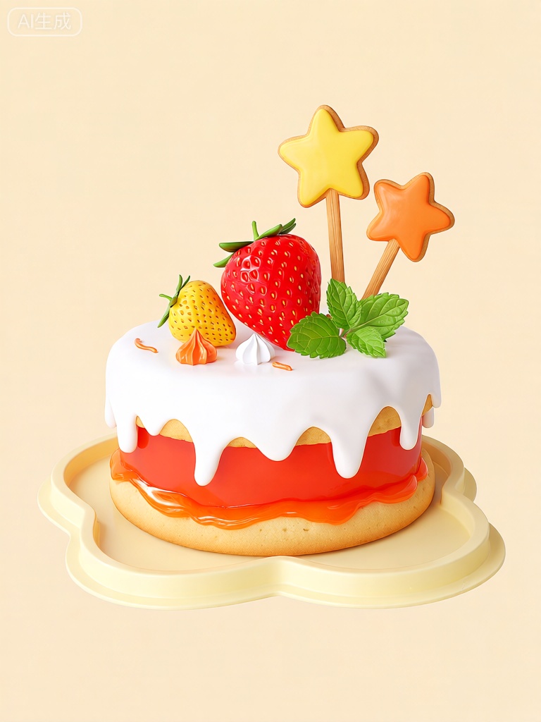 3DYS,该图像描绘了一个心形的双层饼干塔,底部是淡黄色,下层涂抹着细腻的橙色果酱。上层饰有厚厚的白色巧克力涂层边框,边缘有自然流淌的痕迹,露出下面鲜艳的红色果酱层。饼干塔顶面的中心摆放着一颗大大的红色草莓,周围是几颗小巧的、半熟状态的黄色草莓。红色草莓的右边,饼干塔上插着两根星星形状的饼干棒；一个是黄色的,另一个是橙色的。此外,草莓和饼干棒附近还装饰着几片嫩绿的薄荷叶。饼干塔上还点缀着一小团白色和橙色的糖霜。整个饼干塔放置在心形、淡黄色的饼干托盘上,背景是柔和的浅黄色,让整体场景呈现出一种活泼、温馨的感觉。

