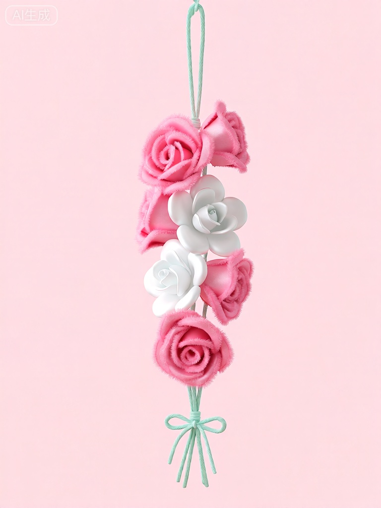 3DYS,该图像呈现了纯浅粉色背景下的一串花朵挂饰。有多个粉色的玫瑰形花朵,它们好似是由带有细腻绒毛的丝绸面料制成,呈现出柔软的质感。粉色玫瑰花朵中穿插着三个白色的花朵,形状像云朵,增添了几分轻盈感。白色花朵也有着丝滑的质感,与粉色玫瑰花朵的风格相协调。所有的花朵都用浅绿色的细麻绳串在一起,这些细麻绳汇聚在花朵串下方的一个点上,并用一个浅绿色的小蝴蝶结扎紧。整体布局和谐且居中,营造出浪漫且温馨的展示效果。




