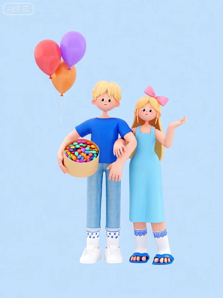 3DYS,该图像的特点是两个卡通风格的角色并排站立在纯淡蓝色背景上。左边的角色是一名金色短发的少年,身着蓝色短袖T恤和浅蓝色牛仔裤。他穿着带有蓝色图案的白色袜子和白色运动鞋。他的右手拿着一大盒彩色糖果。右边的人物是一位留着金色长发的少女,穿着一件垂至脚踝的无袖浅蓝色连衣裙。她穿着带有蓝色花边的白色袜子和蓝色凉鞋。她的头上戴着一个粉色的蝴蝶结发饰。她的左手轻轻抬起,手掌摊开,右手挽着少年人物的胳膊。在人物的上方和左侧,三个气球漂浮着：一个红色、一个橙色和一个紫色。整体构图简洁、色彩明快,角色显得活泼、亲密。

