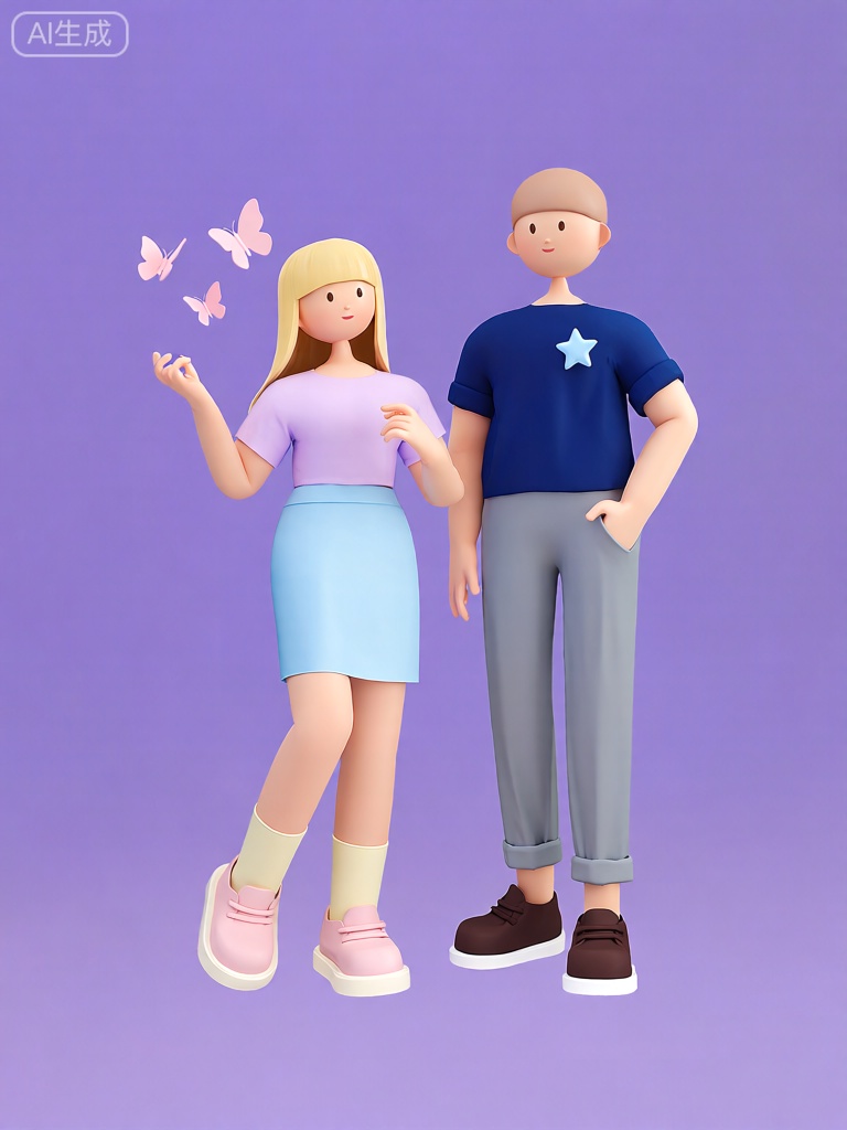 3DYS,该图像在纯紫色背景下有两个风格化的3D 渲染角色。左边是一个女性角色,有着过肩的金色直发。她穿着淡紫色短袖上衣和浅蓝色短裙。她的鞋子是淡粉色的,鞋底是米白色的,袜子是浅黄色的。她的双臂微微抬起,手指呈波浪状摆动,三个淡粉色的蝴蝶形状漂浮在她的头附近。右边站着一个留着浅棕色寸头的男性角色。他穿着深蓝色短袖上衣和灰色长裤,袖口挽起。他穿着白色鞋底的深棕色鞋子。他的胸前有一个淡蓝色的星星,他的左手插在裤兜里。角色似乎稍微面向彼此,女性角色的姿势表明她正在展示俏皮或活泼,而男性角色则淡定地站在她旁边。整体风格灵动而充满朝气,注重柔和的色彩和圆润的线条设计。


