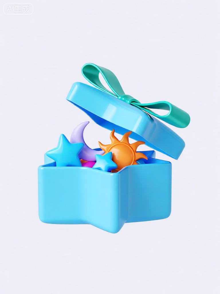 3DYS,该图像描绘了一个星形天蓝色小箱子,箱盖微微开启。箱盖同样是星形的,正中间镶嵌着一条翠绿色的丝带,打成蝴蝶结样式。箱子里有一些五彩斑斓的小物件。其中有一个天蓝色的星形物品、一个淡紫色的月亮形物品、一个橙色的太阳形物品和另一个天蓝色的星形物品。背景是简洁的浅灰色,这让天蓝色的箱子及其内部物品显得格外醒目。整体外观活泼灵动,以清新柔和的色彩为主。

