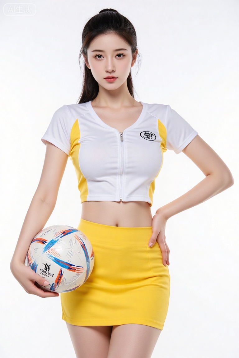 1girl solo, realistic K-pop football baby with long black ponytail, form-fitting cropped sports jersey and slim yellow athletic midriff skirt that flatters her curvy figure, holding a football while resting one hand on her hip (accentuating a shapely silhouette), looking straight at the viewer with confident allure, soft diffused light creating gentle shadows that emphasize her toned limbs and feminine curves, simple solid white minimalist background.