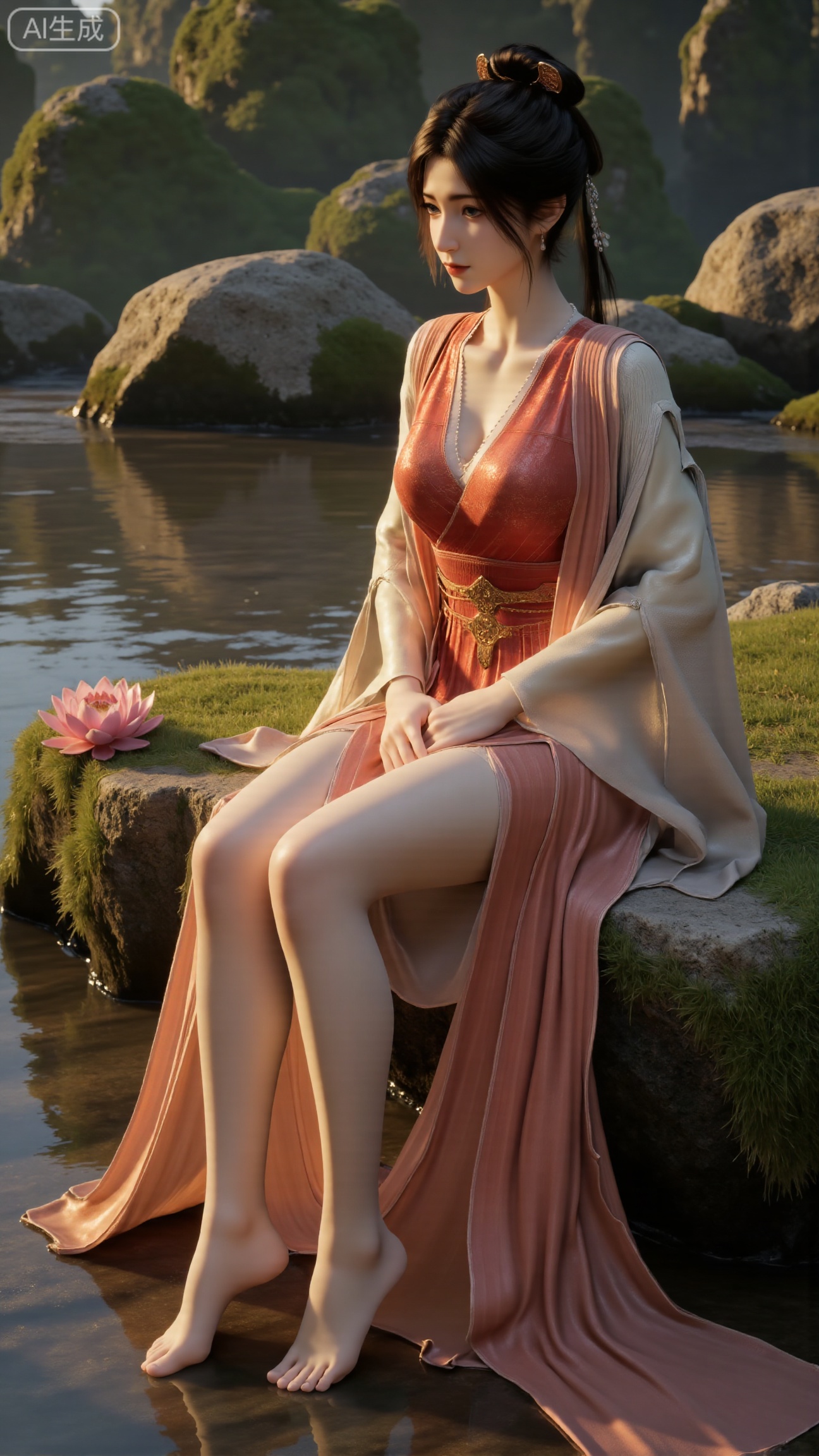 (masterpiece:1.3), ultra-detailed, 8k, photorealistic, best quality, cinematic lighting, volumetric sunlight, soft shadows, subsurface scattering, depth of field, A stunning young woman sits gracefully barefoot on a moss-covered rock beside a crystal-clear stream in a tranquil forest. The sunlight filters through the trees, casting dappled golden light on her smooth skin and the rippling water. She wears an exquisite long dress with fine pink and gold embroidery across the chest and short sleeves. Her long, dark hair flows naturally over her shoulders, softly illuminated by the warm light. Her bare feet touch the cool moss and shallow water, adding a sense of intimacy and realism. One hand rests gently on her hip, while the other holds a blooming lotus flower, her expression calm and serene. Mist rises gently from the water, with reflections dancing on the surface, creating a peaceful, ethereal atmosphere. (background with mossy stones, flowing stream, forest sunlight, soft haze, and gentle reflections:1.6), (realistic skin texture:1.3), (natural color tones:1.3), (film look:1.2) (huge breasts:2.99),(full breasts:2.99),, , 
,Xbigbreasts,XmupeilingXYH2,XmuplXYH,XmupeilingXYH,XmuplXYH,Xchangtui