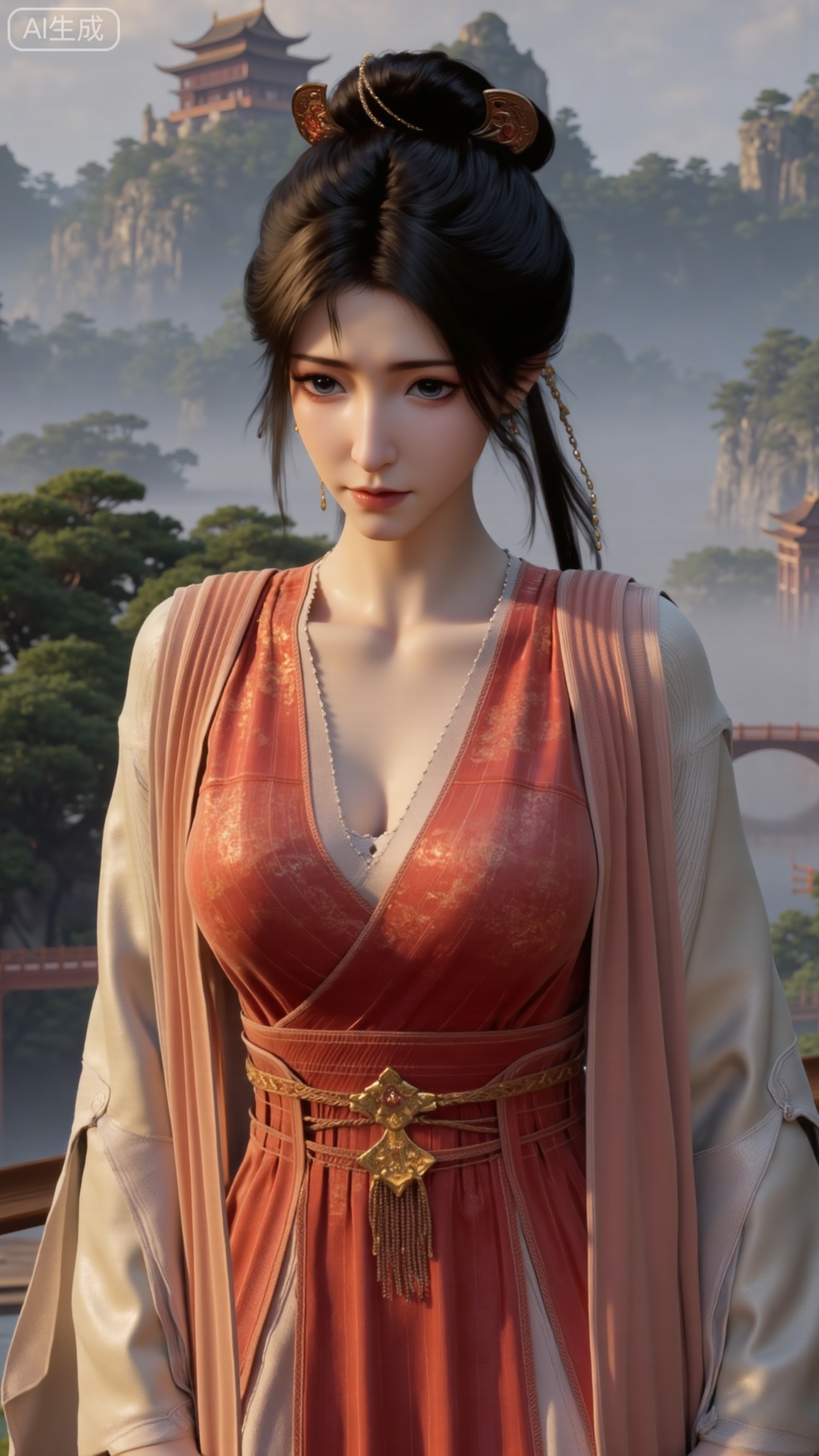 (masterpiece, best quality:1.2),1 girl, solo, long hair, black hair, hair accessories, clothing, cleavage cuts, long dress, jewelry, upper body, earrings. Background is outdoor, sky, clouds, water, trees, architecture, landscape, lantern, mountain, dragon, architecture, bridge, east Asian architecture, fog, pagoda,,(huge breasts:2.99),(full breasts:2.99),, , 
,Xbigbreasts,XmupeilingXYH2,XmuplXYH,XmupeilingXYH,XmuplXYH,Xchangtui