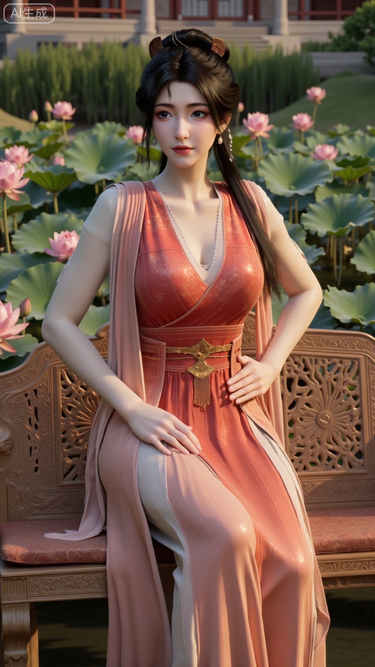 (masterpiece:1.2), best quality, A stunning young woman sits elegantly on a intricately carved wooden bench amidst a serene pond, surrounded by vibrant lily pads and lush greenery. She wears a exquisite long dress with delicate pink and gold embroidery on the chest and short sleeves, paired with gold high heels. Her long, dark hair cascades in loose waves, framing her gentle face. One hand rests on her hip, while the other holds a majestic lotus, exuding tranquility. The background is a kaleidoscope of pink and white lotus flowers, set against a subtle traditional Chinese architectural backdrop, (huge breasts:2.99),(full breasts:2.99),(Background with traditional Chinese architecture, lotus pond and pink lotus flowers:1.59), , 
,Xbigbreasts,XmupeilingXYH2,XmuplXYH,XmupeilingXYH,XmuplXYH,Xchangtui