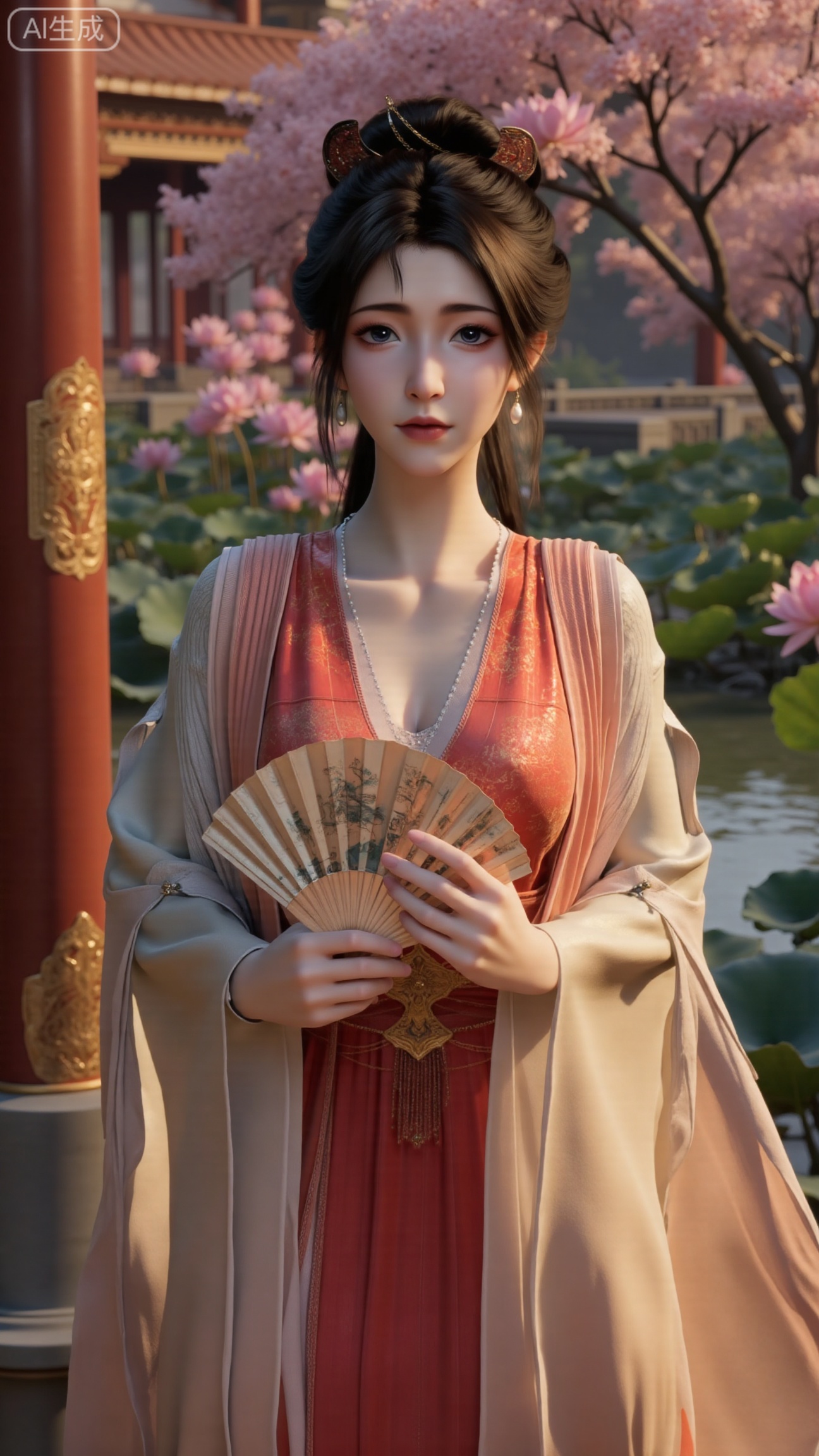 (masterpiece, best quality:1.23),A long - legged ancient - style courtesan girl, wearing a gorgeous and lightweight brocade ruqun. The hem of the skirt is embroidered with delicate peony patterns, with bright colors. She wears a semi - transparent gauze cape, fluttering in the wind. Her hair is combed into a complex bun, adorned with gold hairpins and pearl - jade headdresses, red ruby earrings on her ears, and a jade necklace around her neck. Holding a folding fan painted with orchids, standing in front of an antique pavilion, with a blooming peach tree behind her, showing a charming and amorous style,(huge breasts, full breasts:2.98), ,(Background with traditional Chinese architecture, lotus pond and pink lotus flowers:1.59), , 
,Xbigbreasts,XmupeilingXYH2,XmuplXYH,XmupeilingXYH,XmuplXYH,Xchangtui