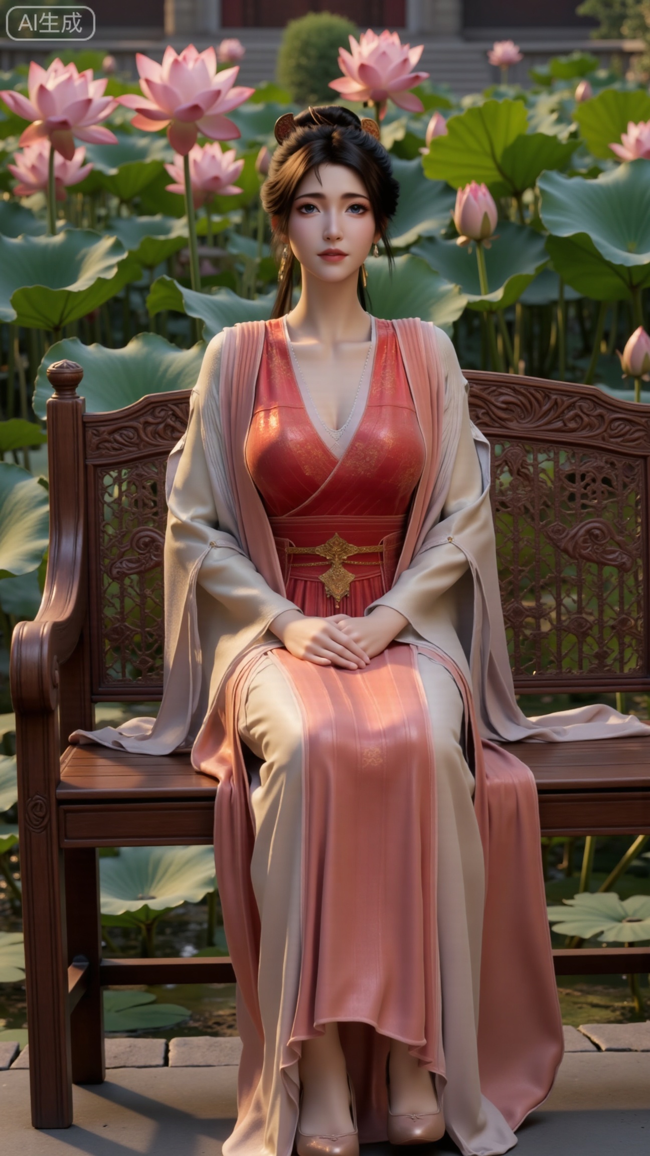 (masterpiece:1.2), best quality, A stunning young woman sits elegantly on a intricately carved wooden bench amidst a serene pond, surrounded by vibrant lily pads and lush greenery. She wears a exquisite long dress with delicate pink and gold embroidery on the chest and short sleeves, paired with gold high heels. Her long, dark hair cascades in loose waves, framing her gentle face. One hand rests on her hip, while the other holds a majestic lotus, exuding tranquility. The background is a kaleidoscope of pink and white lotus flowers, set against a subtle traditional Chinese architectural backdrop, (huge breasts:2.99),(full breasts:2.99),(Background with traditional Chinese architecture, lotus pond and pink lotus flowers:1.59), , 
,Xbigbreasts,XmupeilingXYH2,XmuplXYH,XmupeilingXYH,XmuplXYH,Xchangtui
