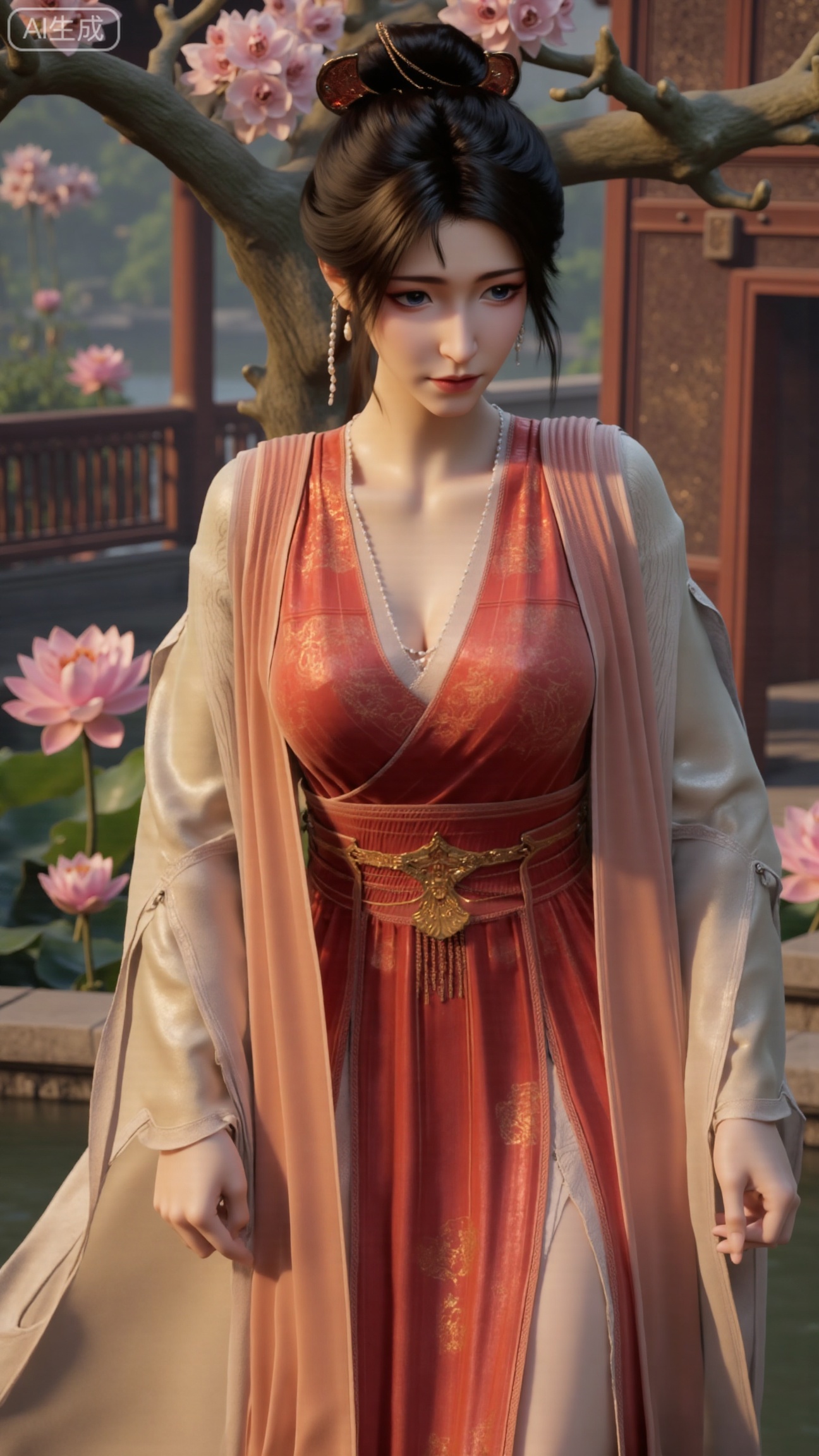 (masterpiece, best quality:1.23),A long - legged ancient - style courtesan girl, wearing a gorgeous and lightweight brocade ruqun. The hem of the skirt is embroidered with delicate peony patterns, with bright colors. She wears a semi - transparent gauze cape, fluttering in the wind. Her hair is combed into a complex bun, adorned with gold hairpins and pearl - jade headdresses, red ruby earrings on her ears, and a jade necklace around her neck. Holding a folding fan painted with orchids, standing in front of an antique pavilion, with a blooming peach tree behind her, showing a charming and amorous style,(huge breasts, full breasts:2.98), ,(Background with traditional Chinese architecture, lotus pond and pink lotus flowers:1.59), , 
,Xbigbreasts,XmupeilingXYH2,XmuplXYH,XmupeilingXYH,XmuplXYH,Xchangtui